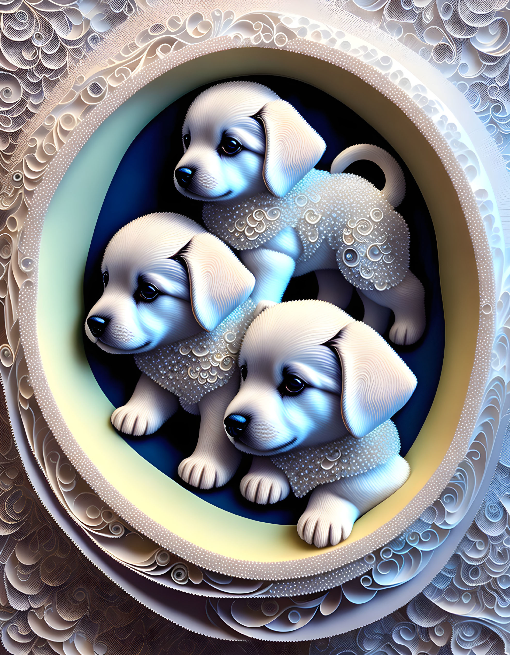 Stylized illustrated puppies in oval frames on textured background