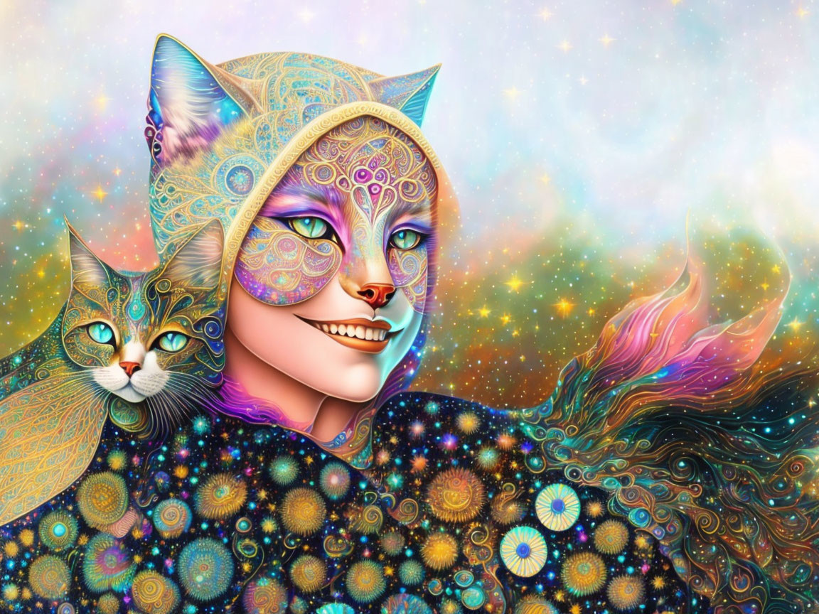 Colorful digital artwork: Person with cat-themed face paint and cosmic floral patterns, accompanied by a cat