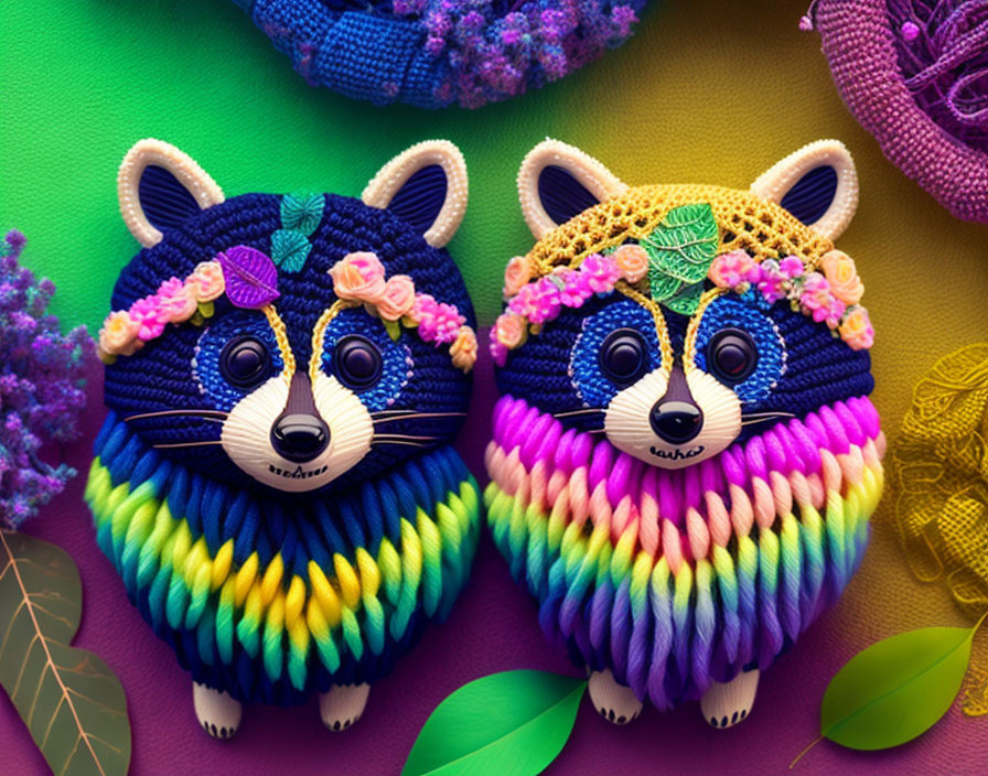 Colorful Crochet Raccoon Faces with Floral Decorations on Textured Background