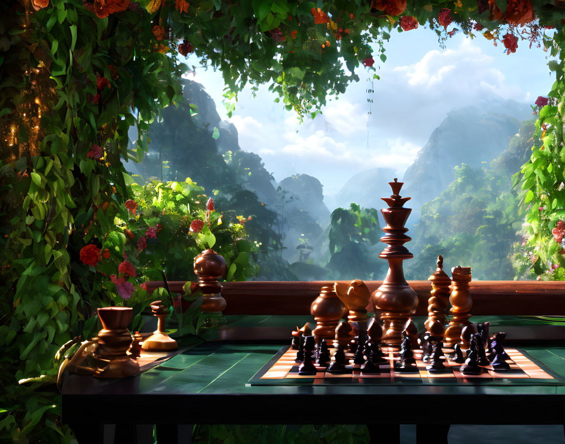 Chess game scene on balcony with mountain view