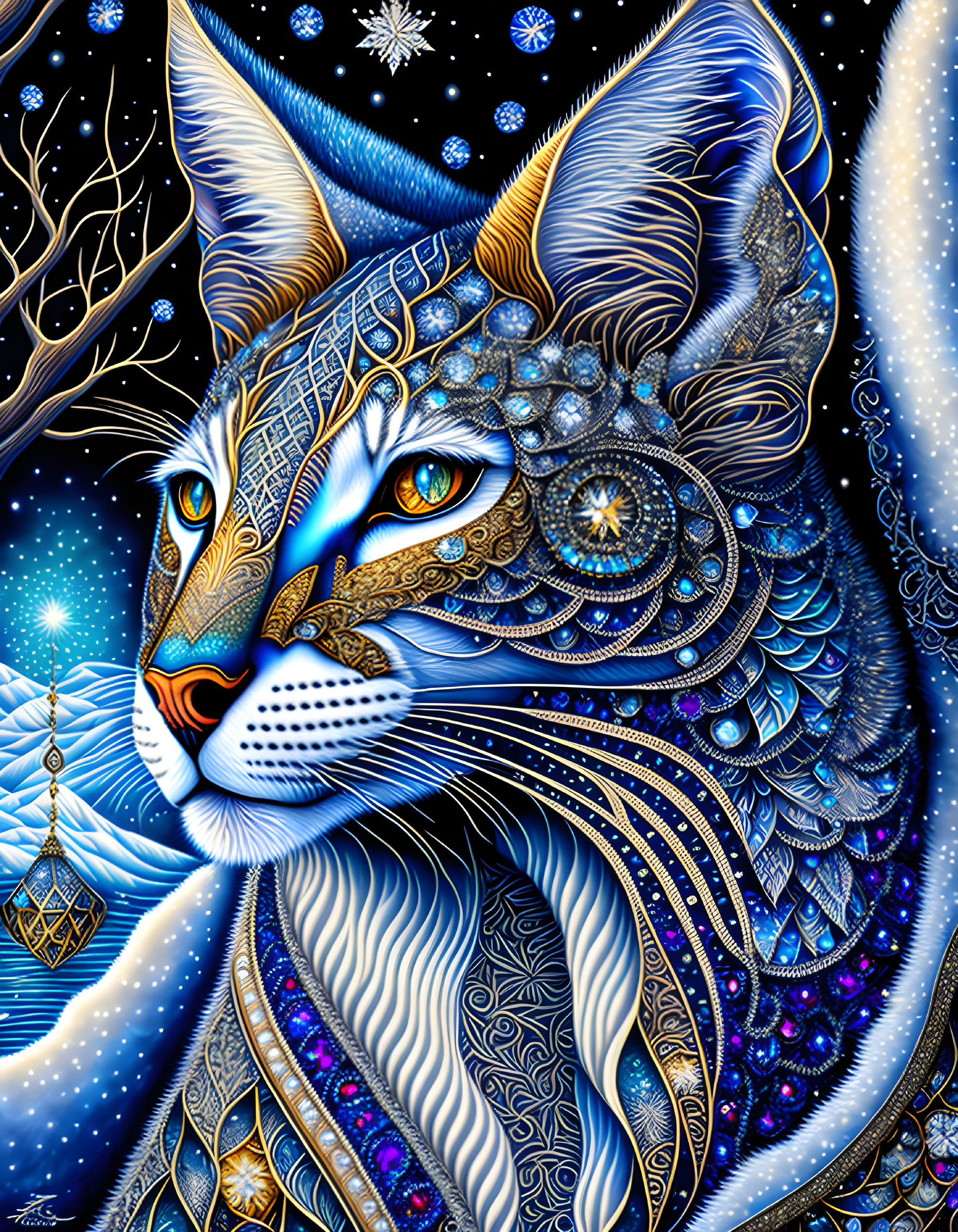 Stylized cat with blue and gold patterns in snowy night scene