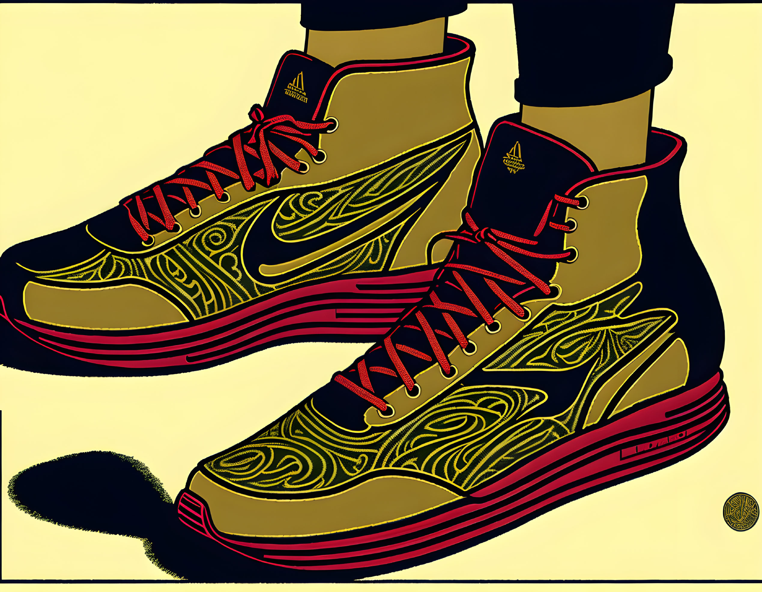 Stylized illustration of person in high-top sneakers with golden swirls on yellow background