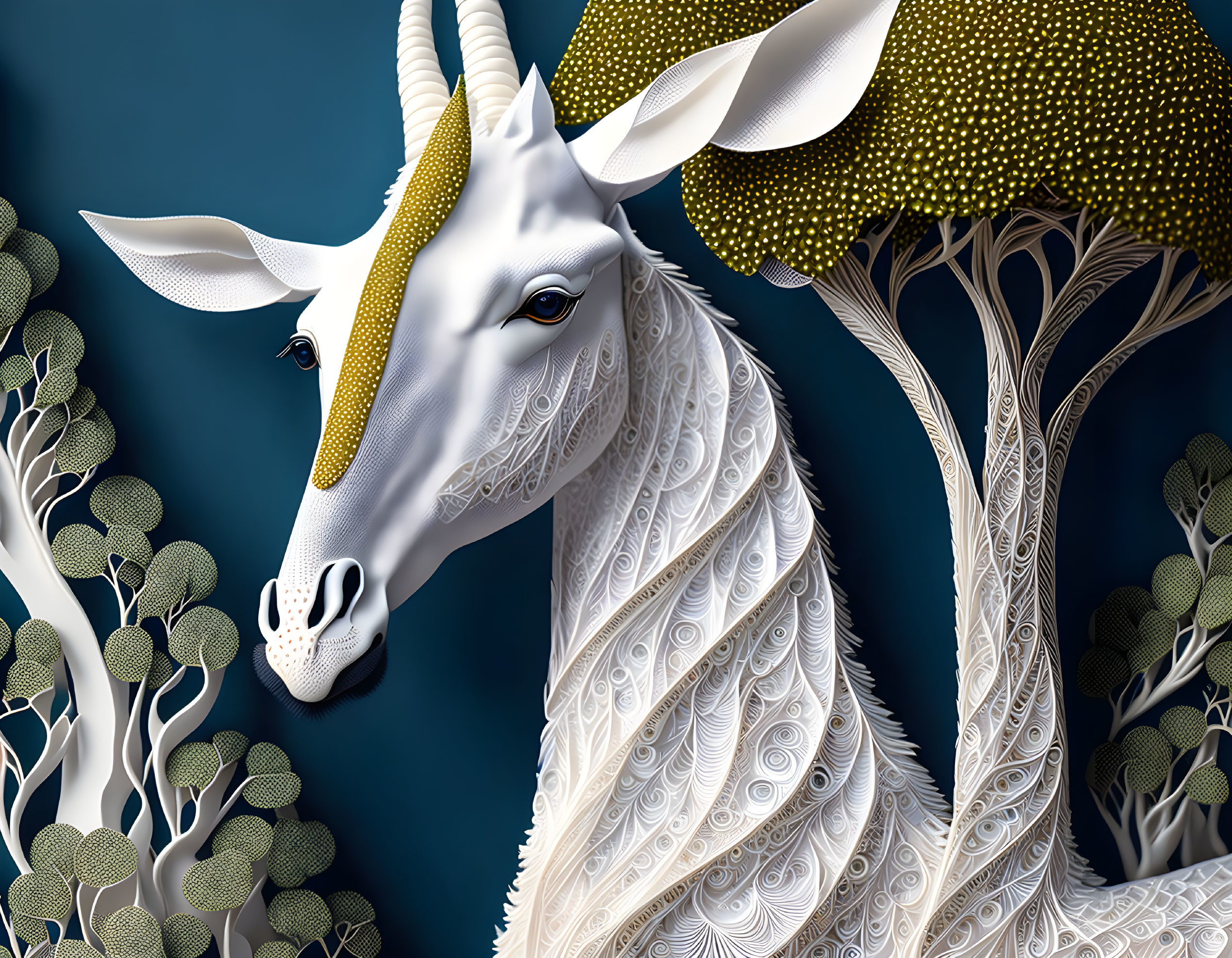 Stylized white unicorn in whimsical forest on teal background