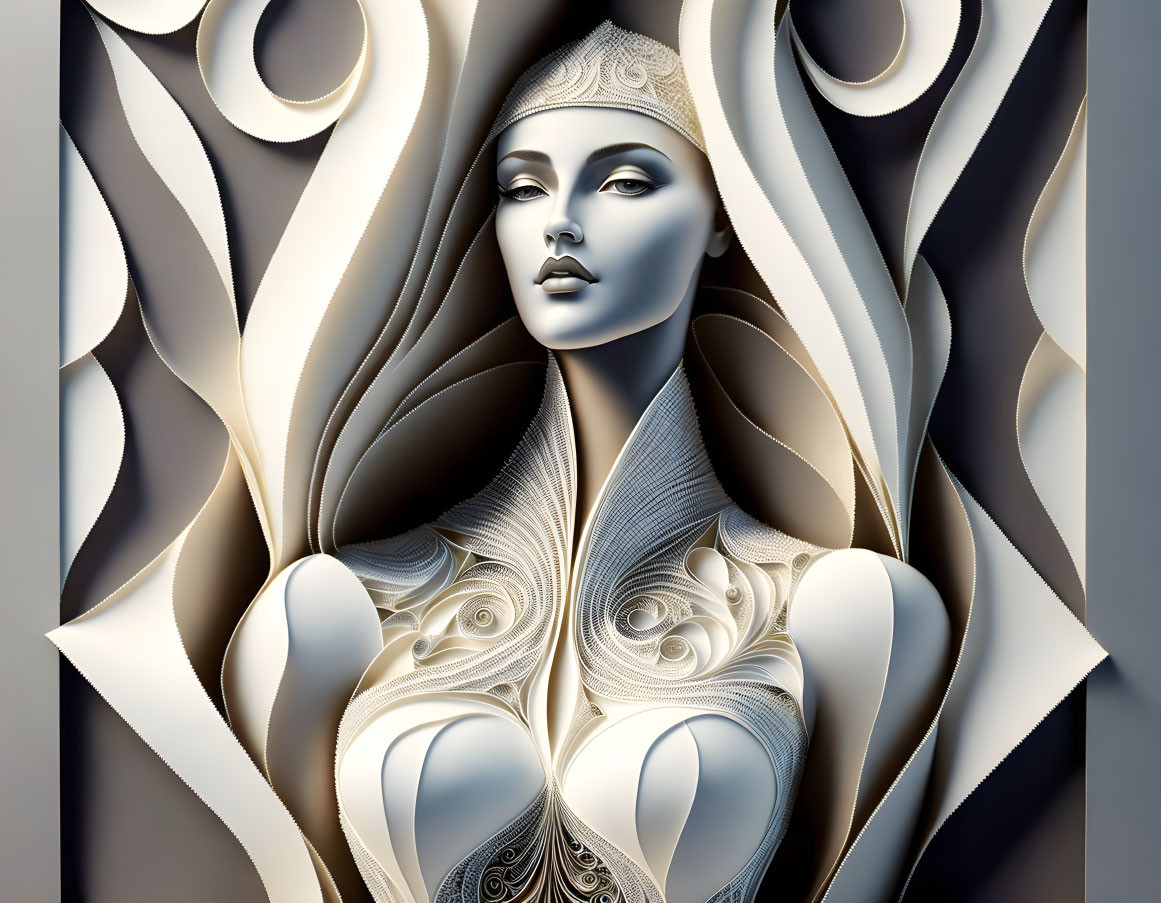 Stylized digital artwork of serene female figure