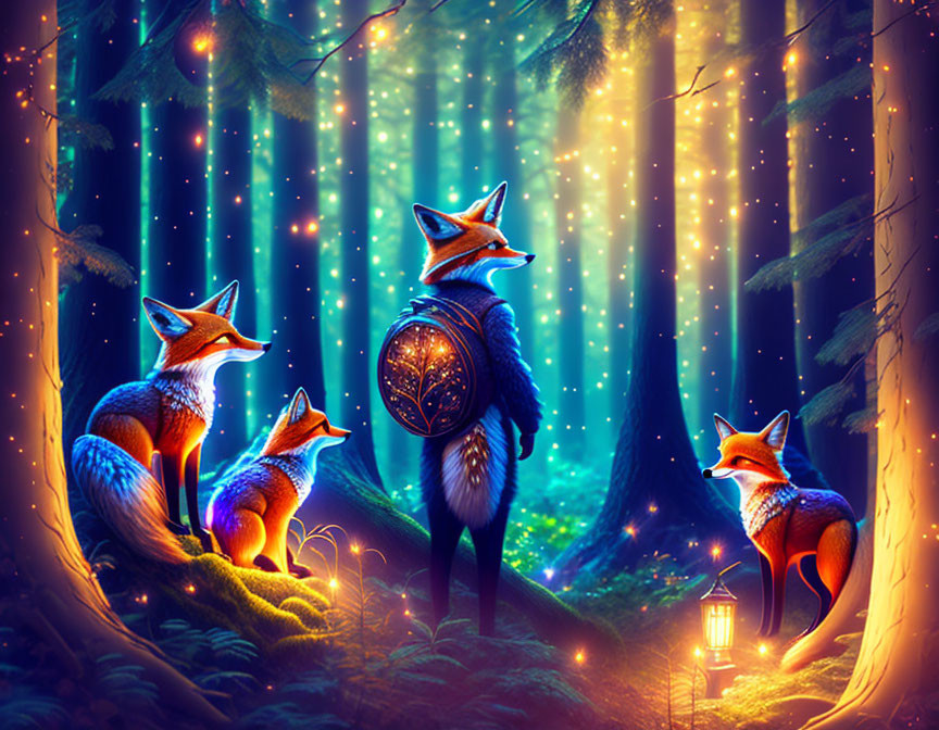 Enchanted forest scene with four glowing foxes and lantern