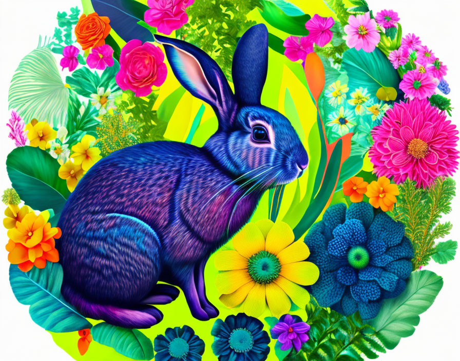 Colorful illustration: Vibrant blue rabbit with multicolored flowers