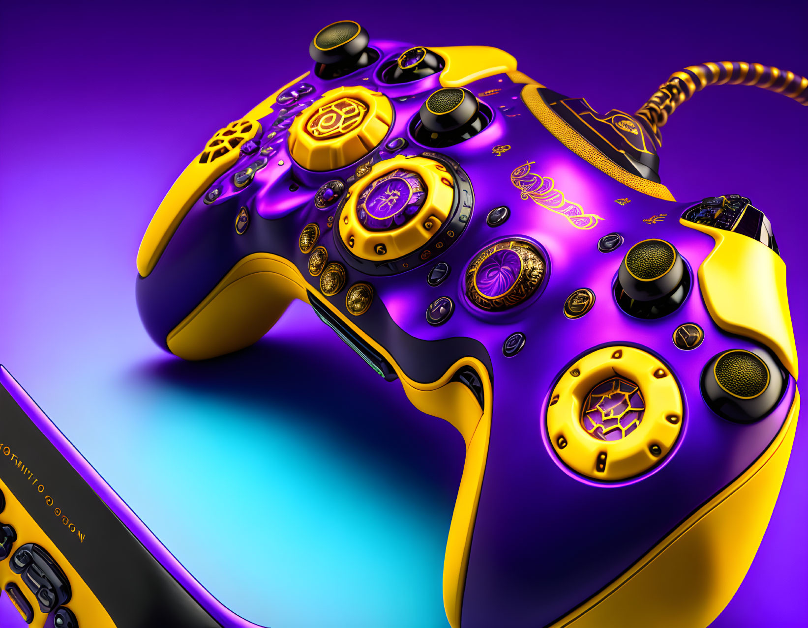 Custom Purple and Yellow Game Controller with Intricate Patterns and Extra Buttons