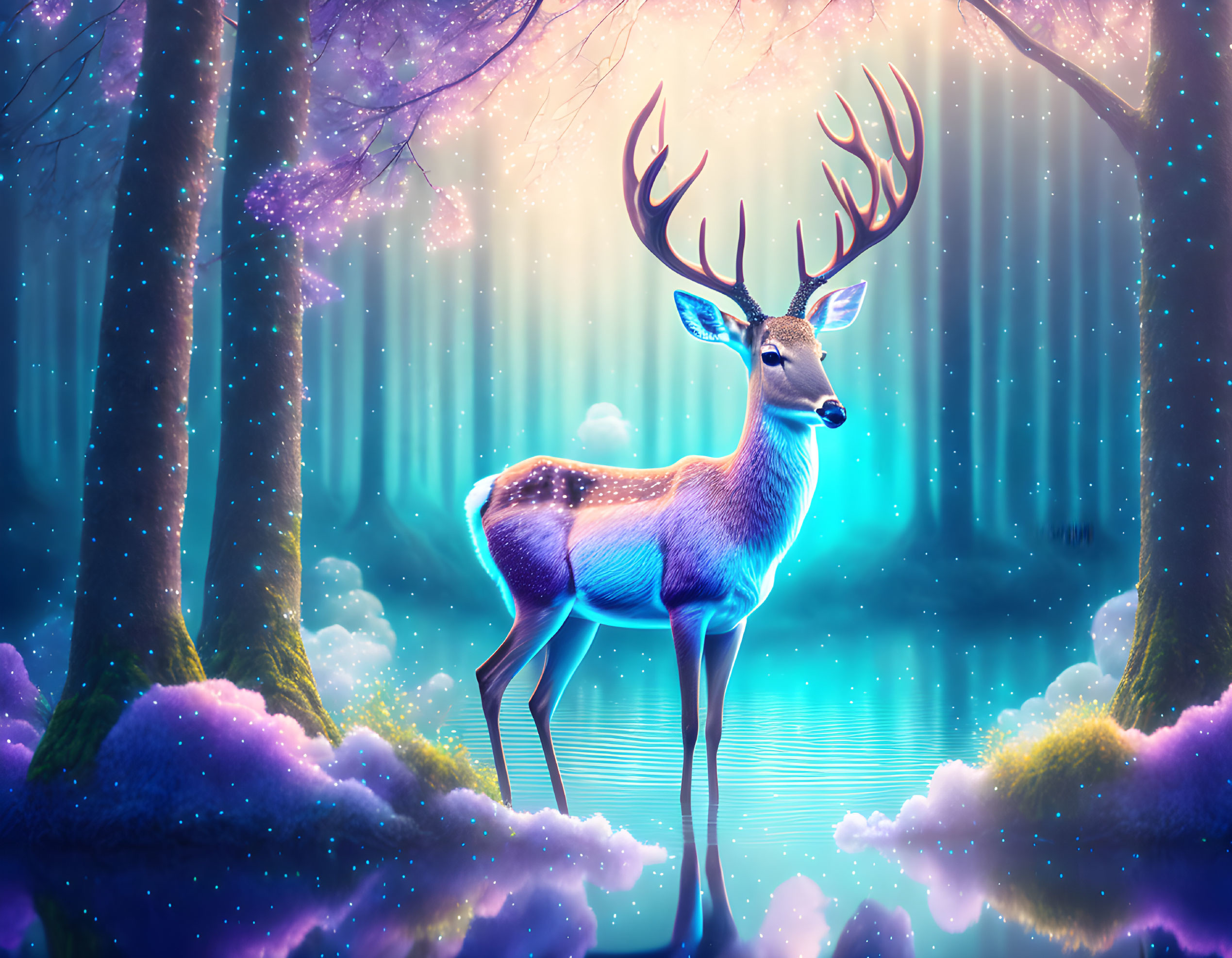 Majestic deer in mystical forest with glowing blue and purple hues