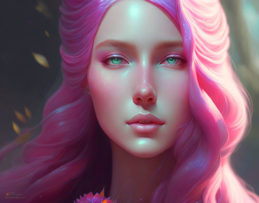 Surreal portrait of female with pink hair and luminescent eyes