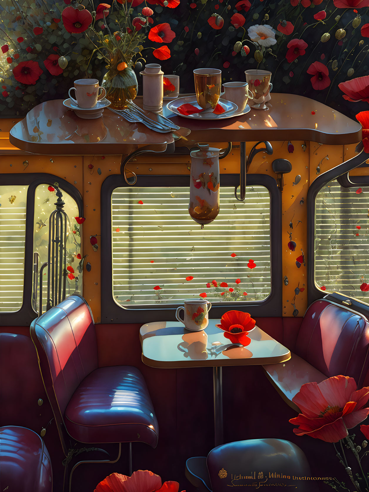 Vintage Bus Interior with Red Seats, Table Set, Cups, Vase, Red Flowers, Sunlight