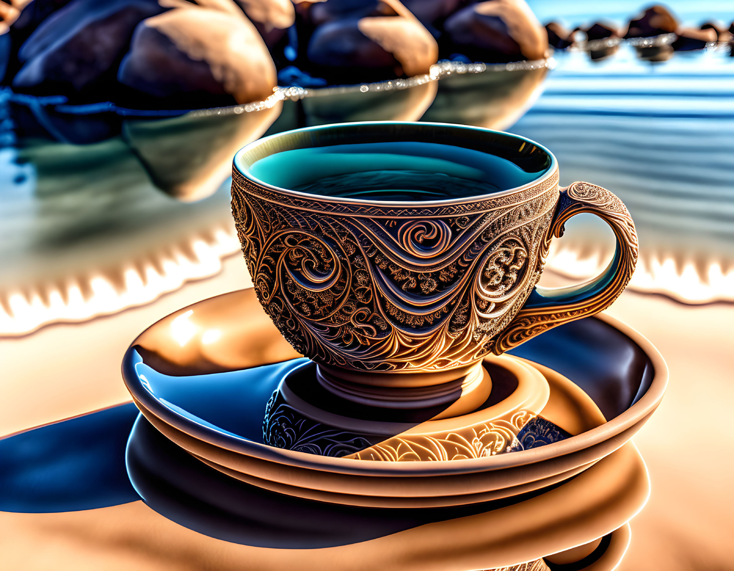 Intricately designed cup and saucer on serene water and stones