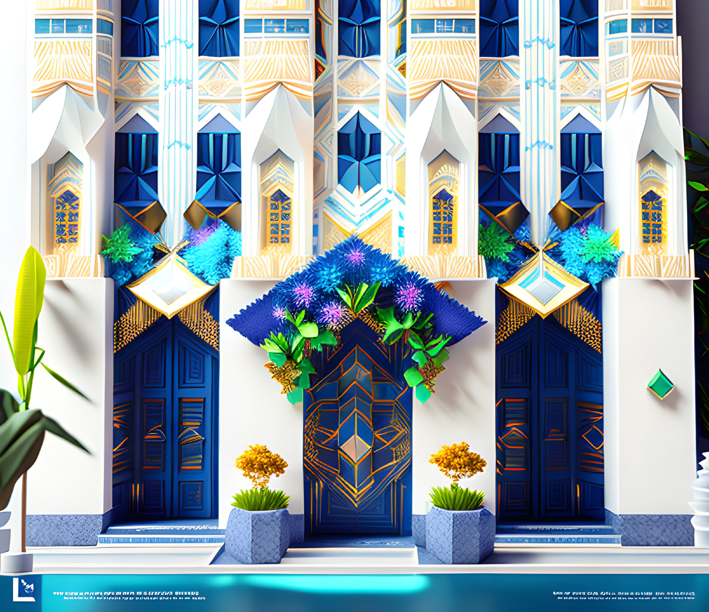 Symmetrical digital building facade with blue doors, geometric patterns, and vibrant floral arrangements