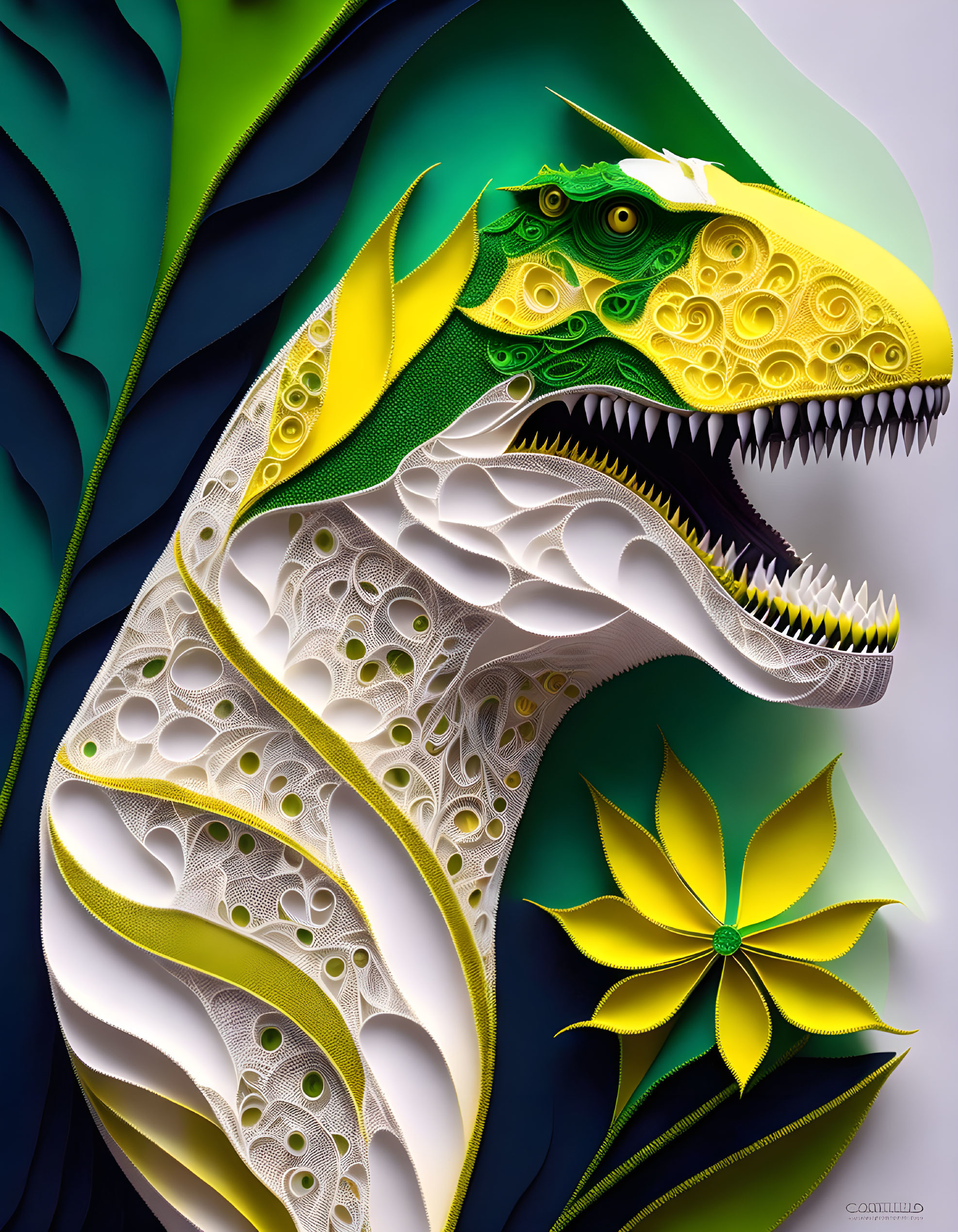 Intricately layered paper art of a dragon in green, white, and yellow.