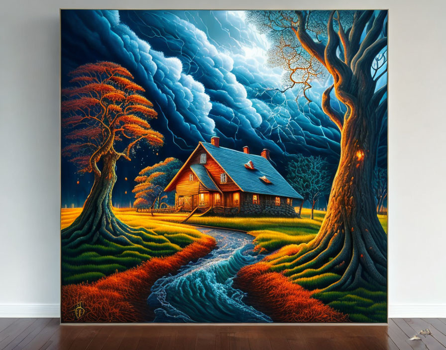 Vibrant painting of rustic house in surreal autumn landscape