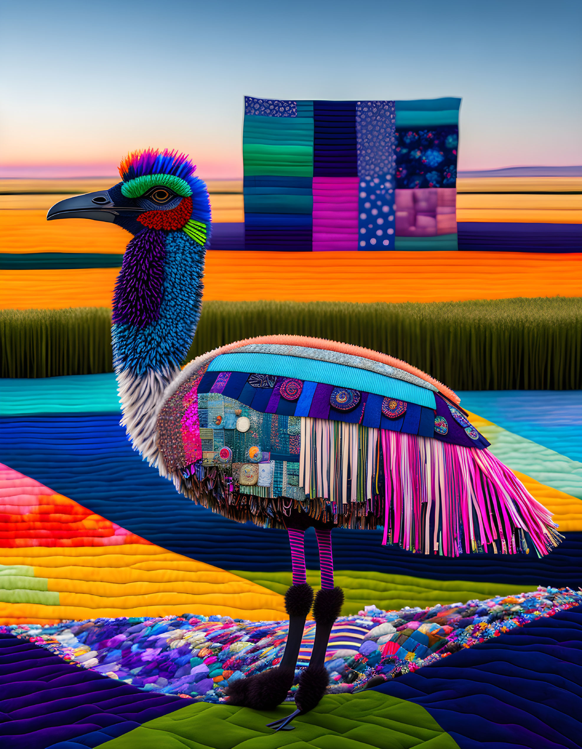 Colorful Quilted Bird Photomontage on Striped Background