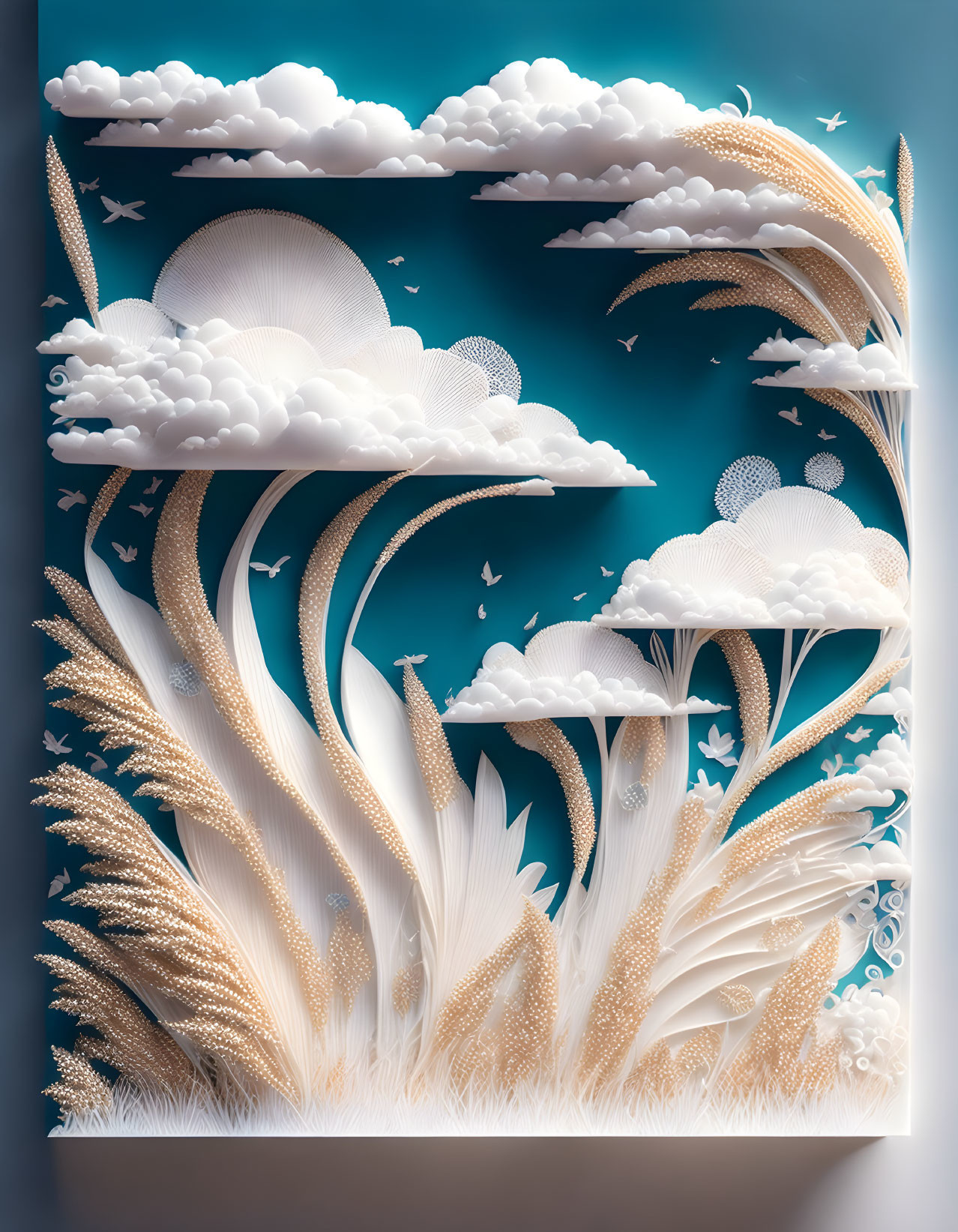 Layered Paper Art: Serene Landscape with Wheat Fields, Trees, Clouds, and Birds