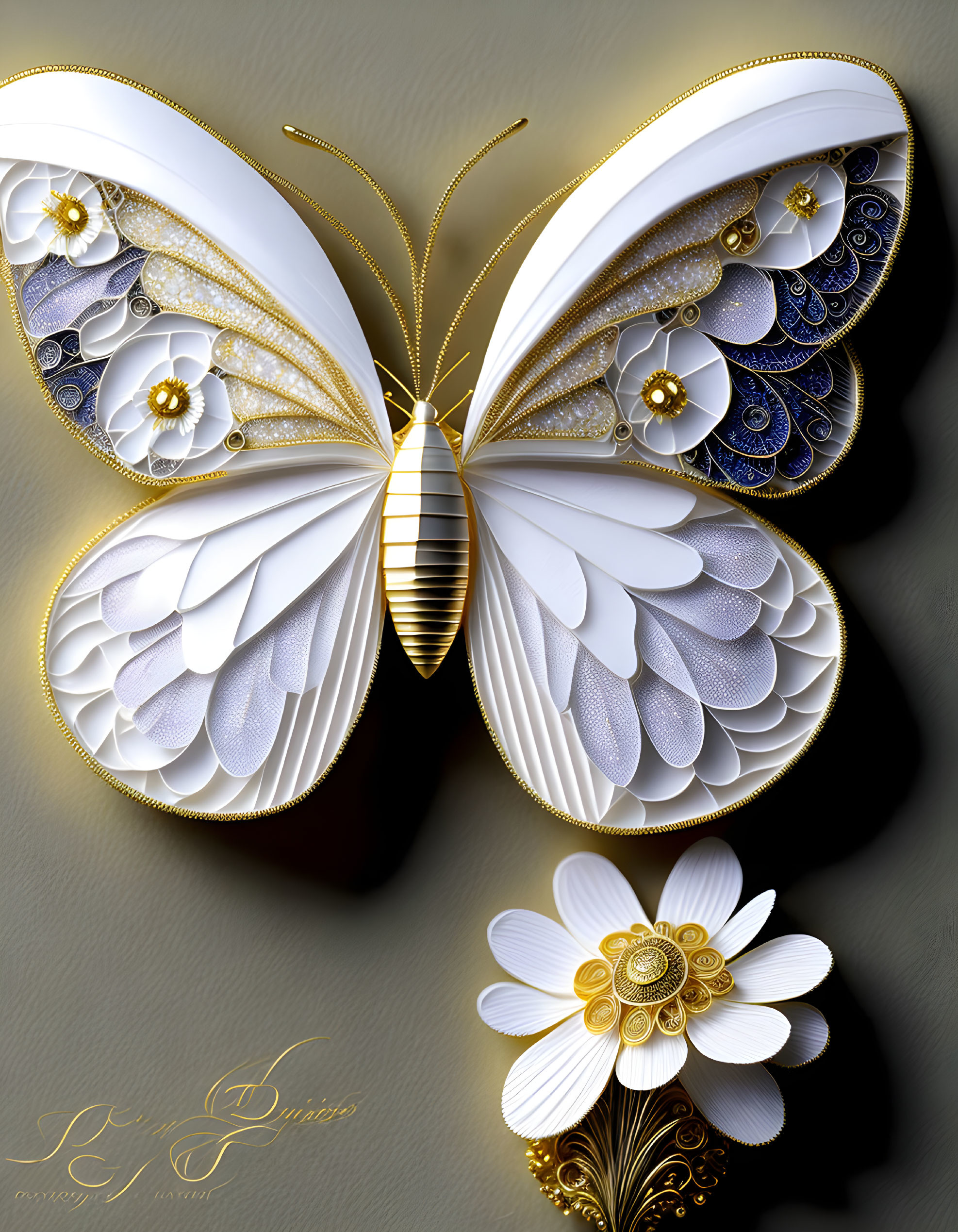 Butterfly with White, Gold, and Blue Wings on Stylized Flower