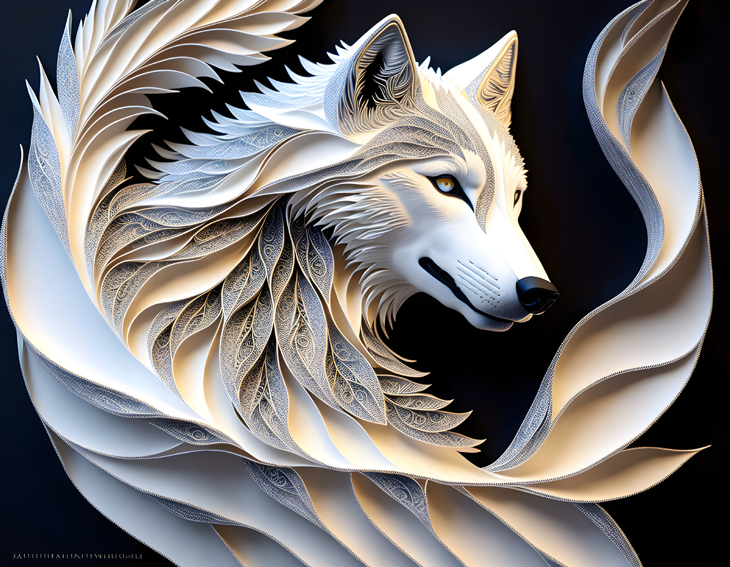 White wolf with intricate feather-like fur patterns on dark background