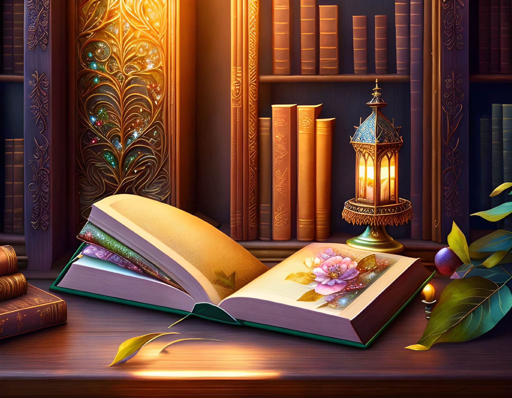 Cozy reading nook with books, open book, pink flower, ornate lantern, warm glow