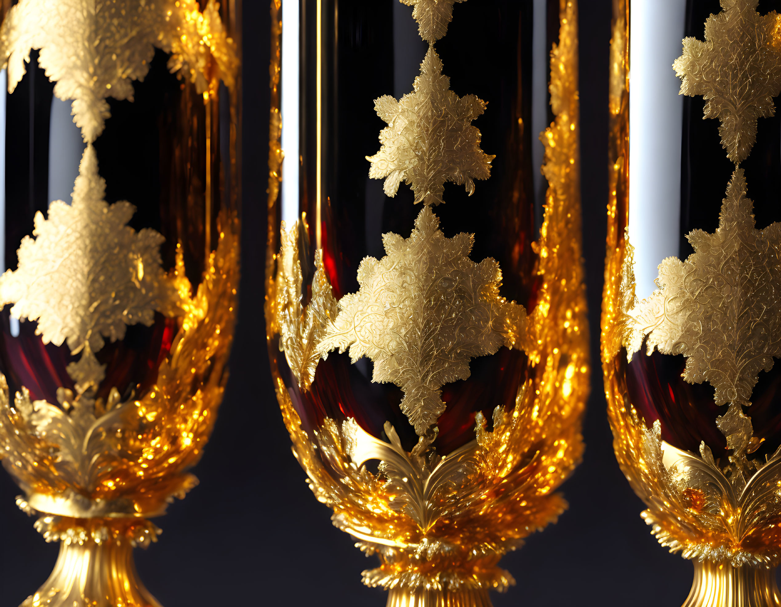 Luxurious Glasses with Golden Embellishments and Red Liquid