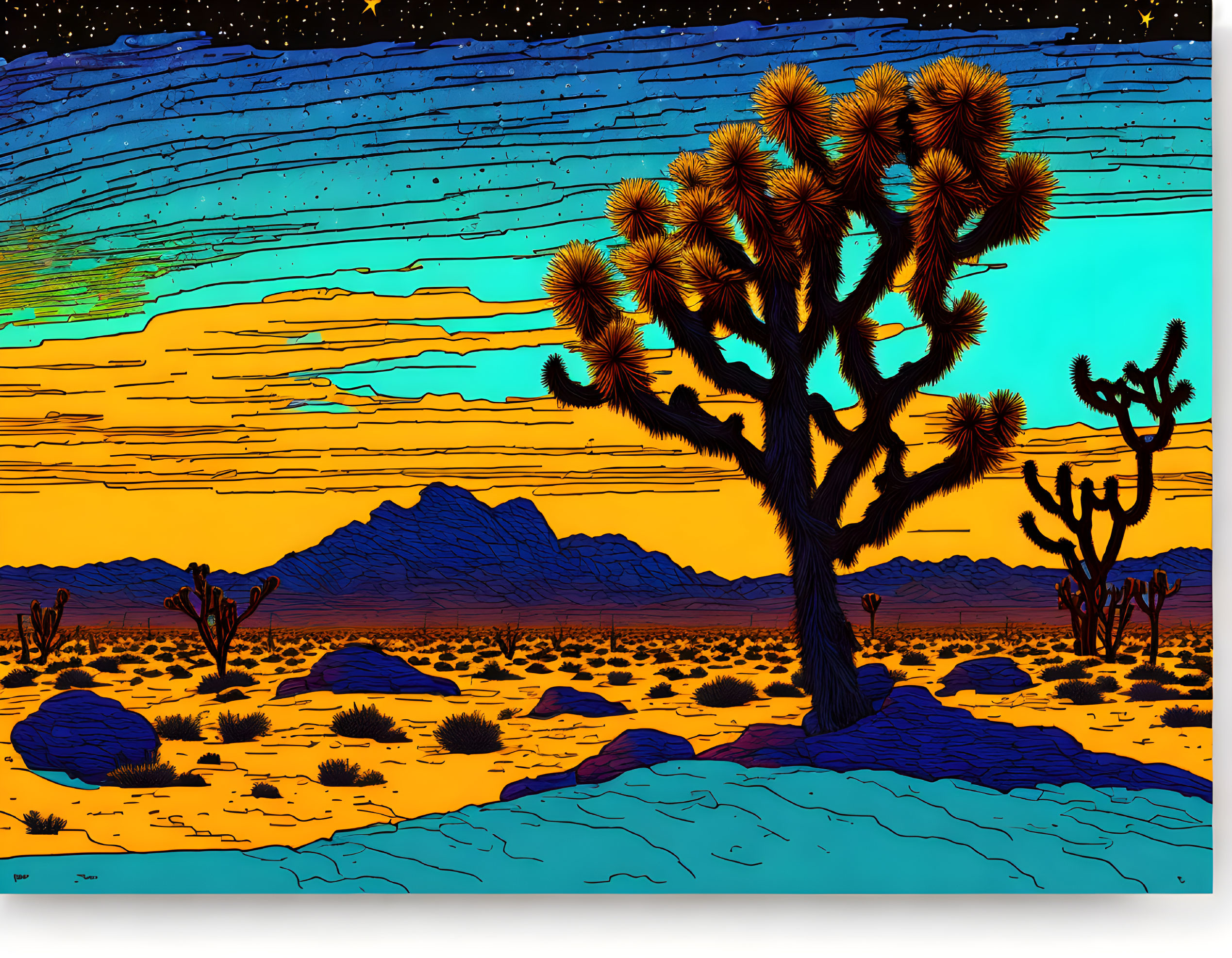 Desert twilight scene with Joshua tree under starry sky