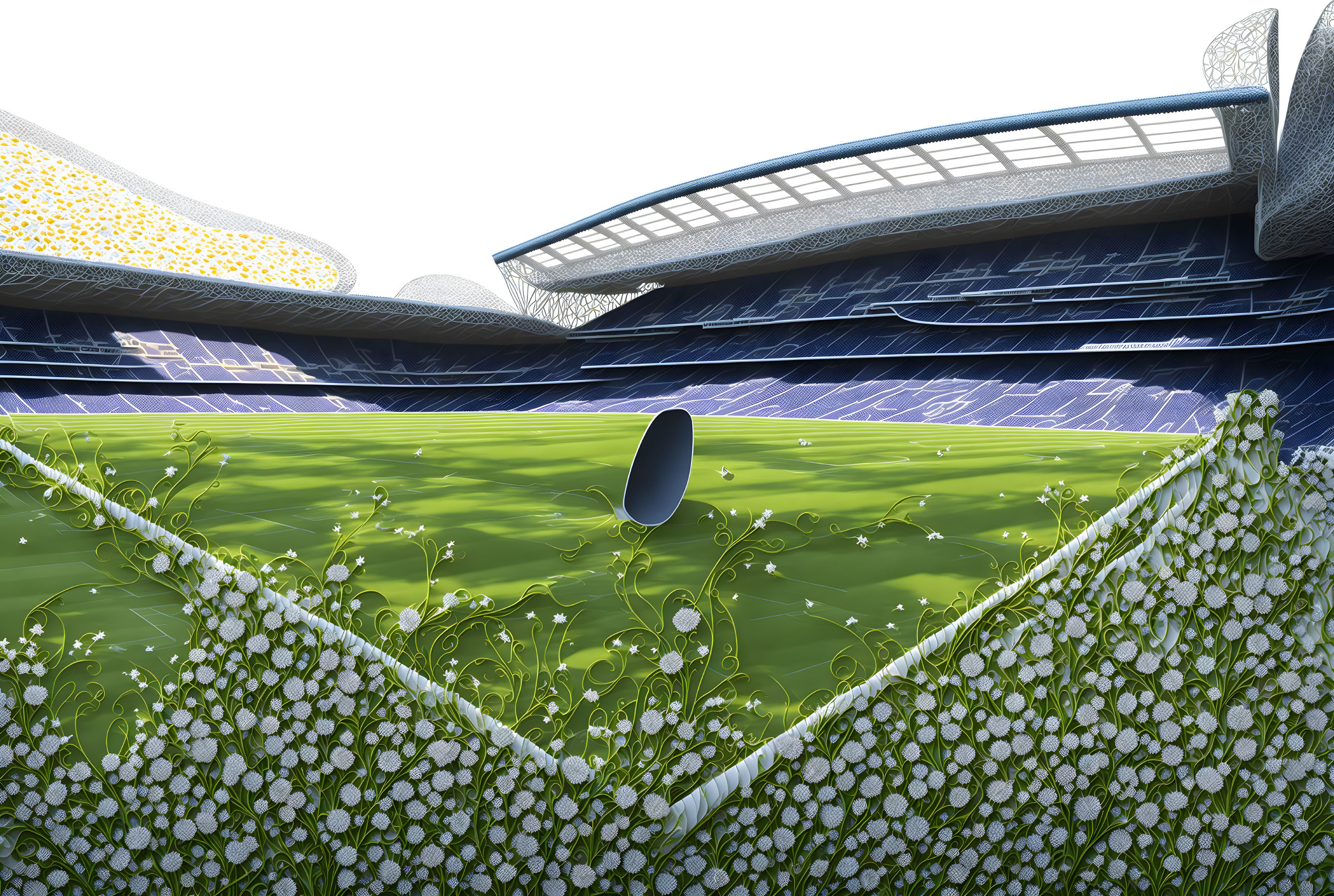 Futuristic Stadium with Blue Seats and Green Field