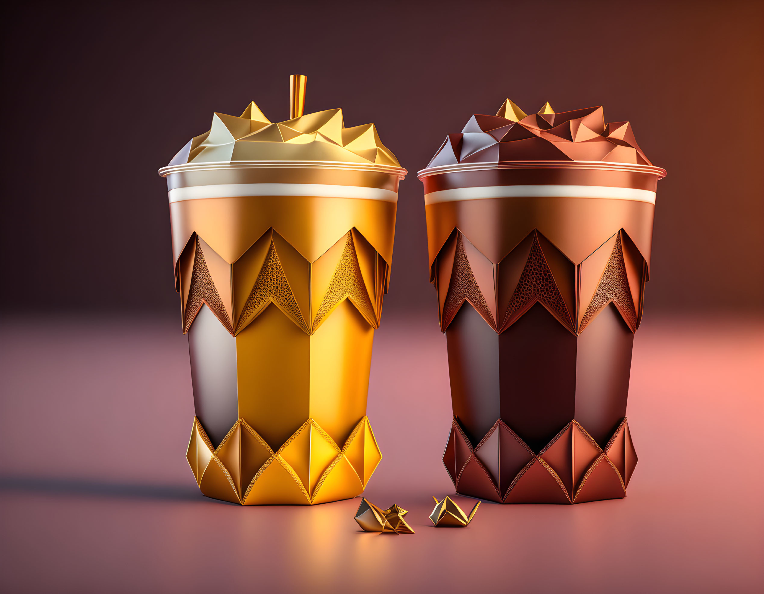 Stylized geometric tumblers: gold and copper with metallic finishes on amber background