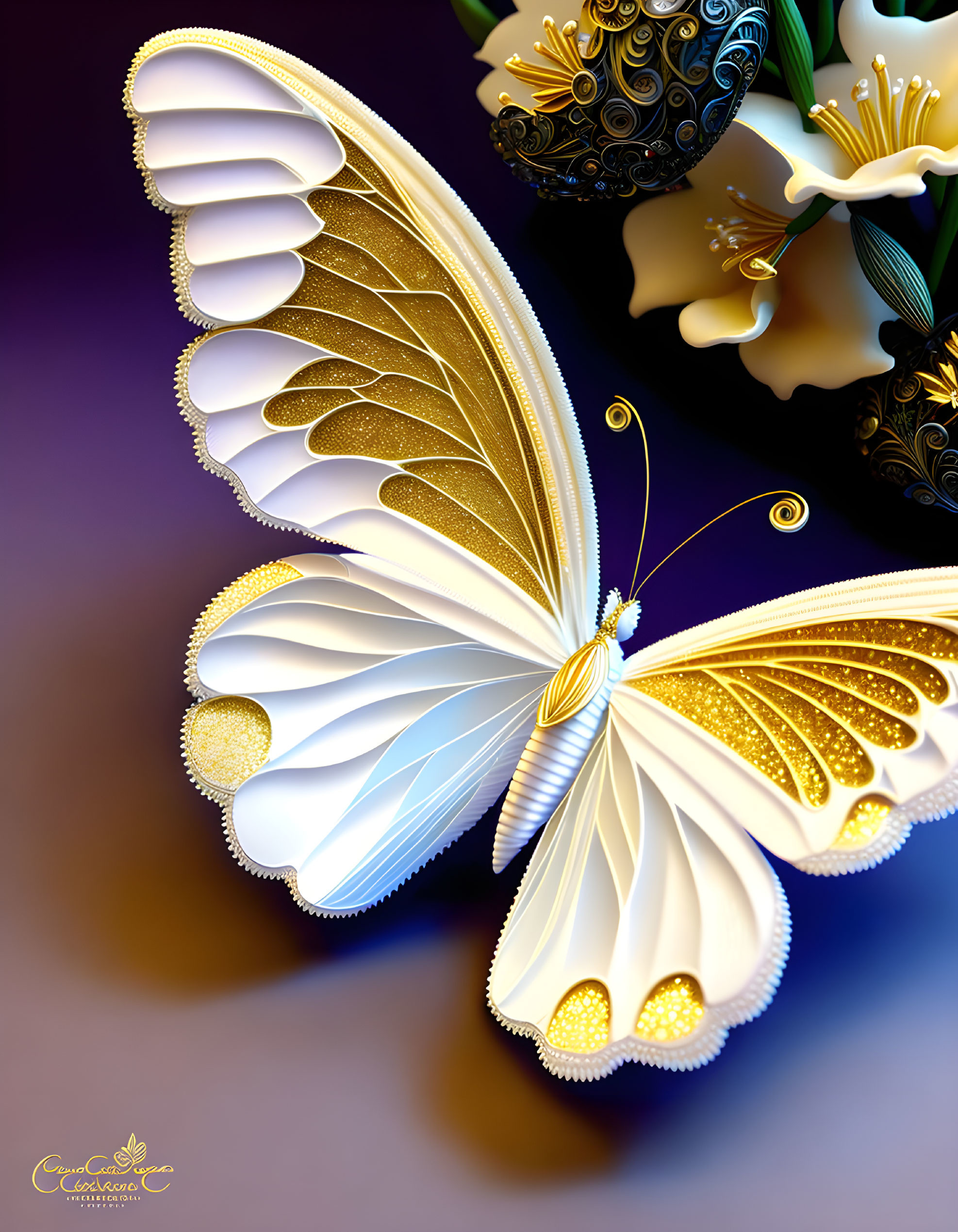 Digital ornate butterfly with gold and white wings on purple background.