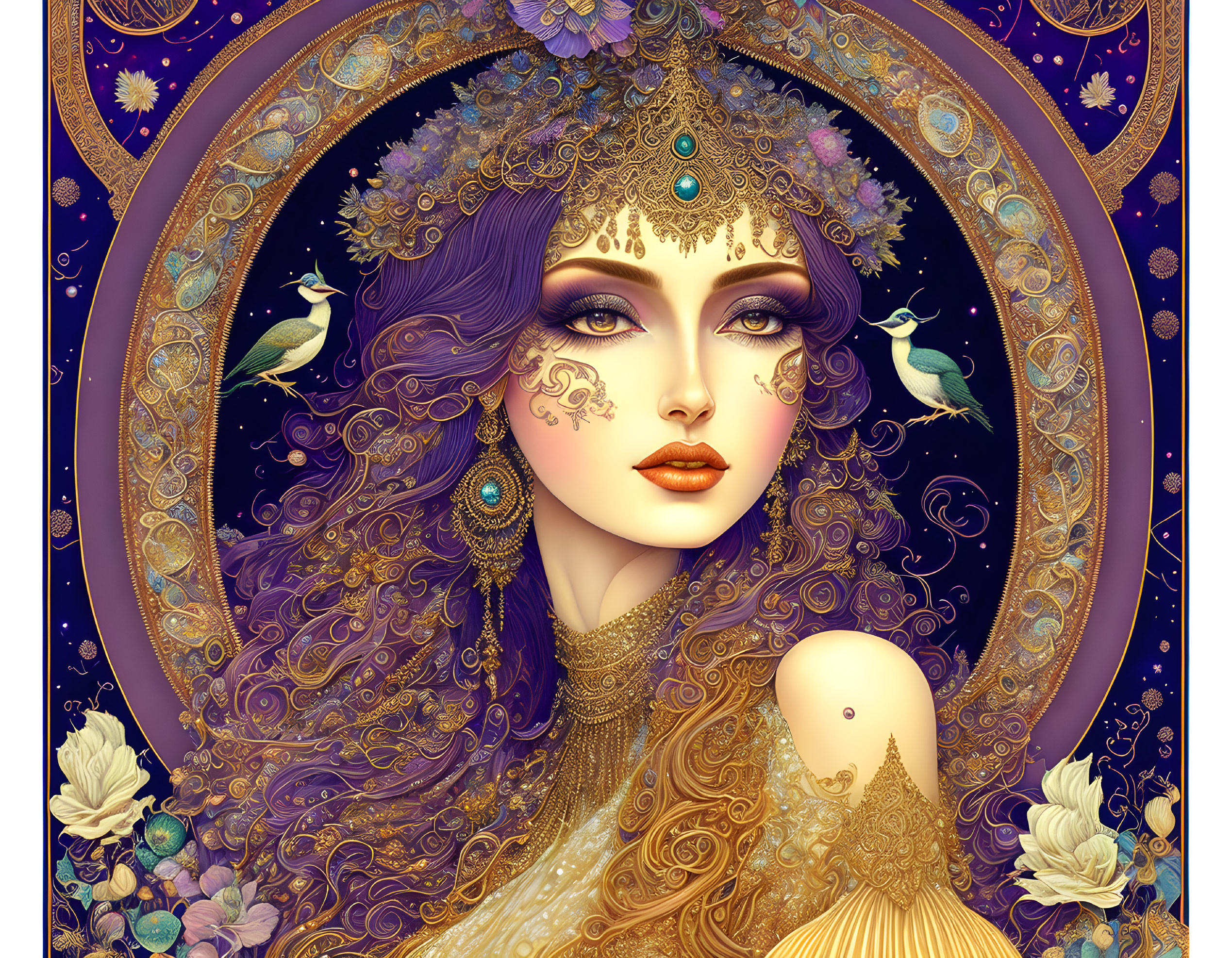 Violet-haired woman with golden jewelry in celestial-themed artwork.