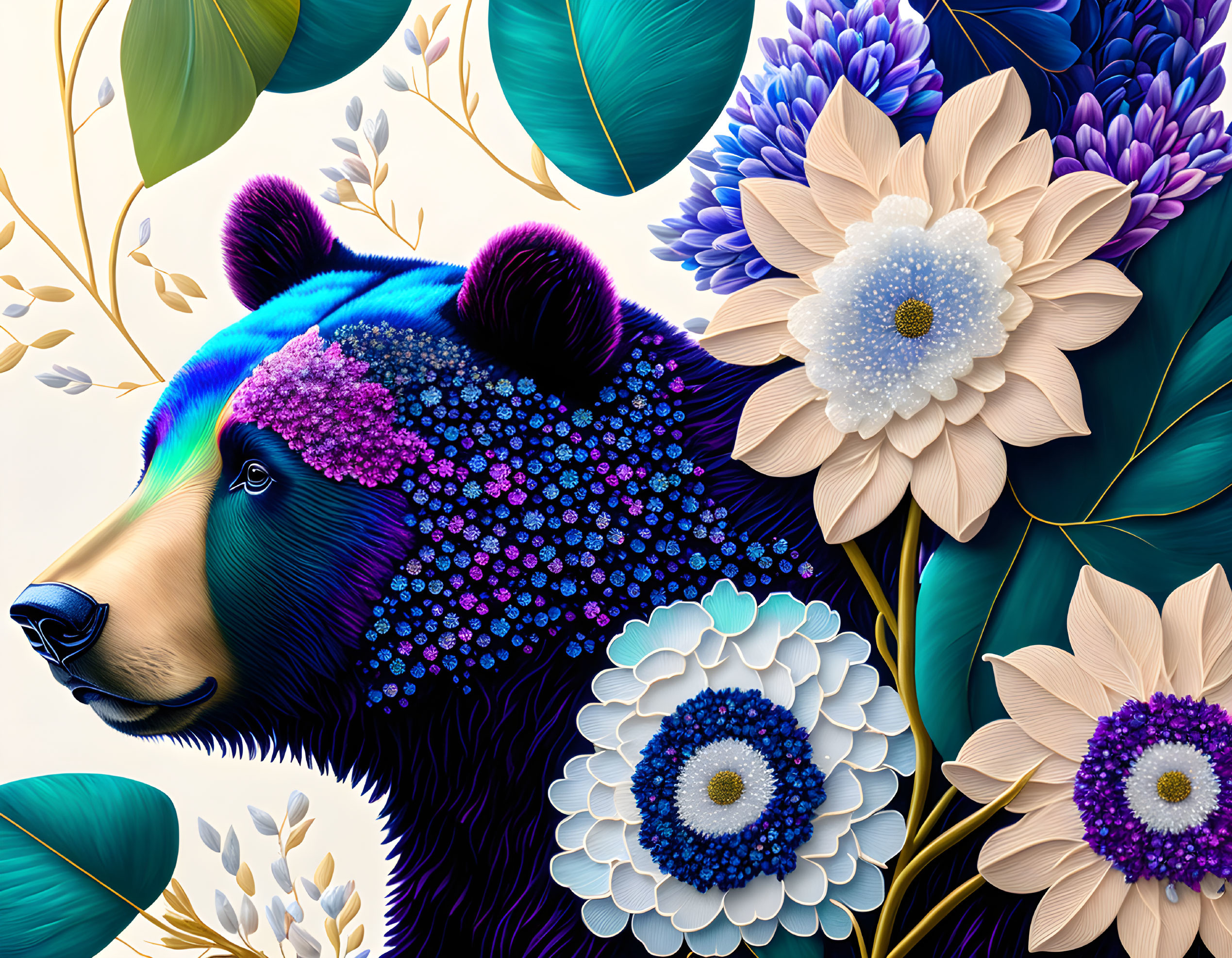 Colorful Digital Artwork: Bear Profile with Vibrant Fur and Stylized Flora