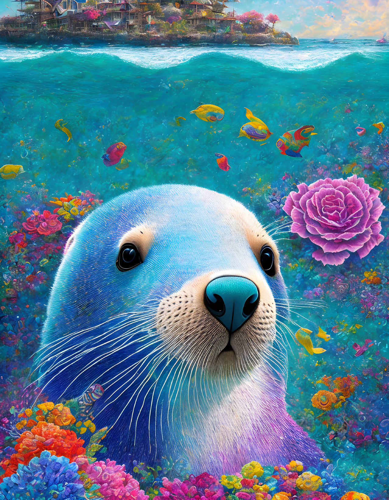 Colorful underwater scene with seal and coastal village