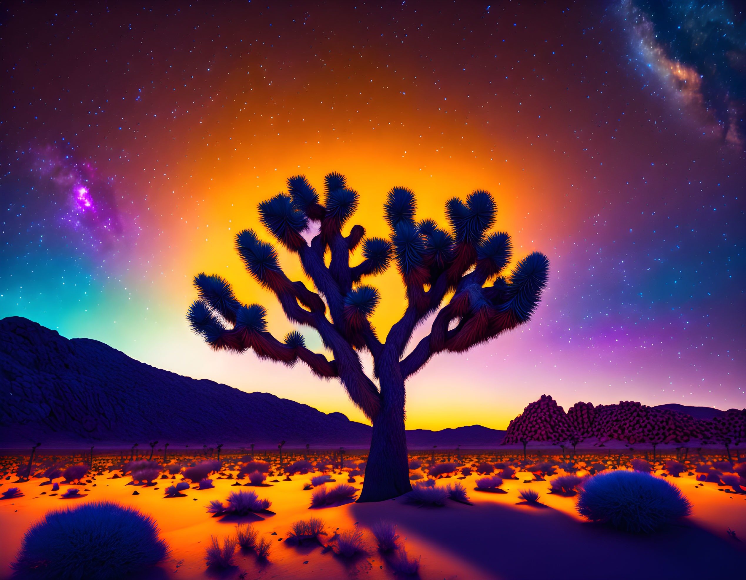 Starry night sky over desert landscape with Joshua Tree.
