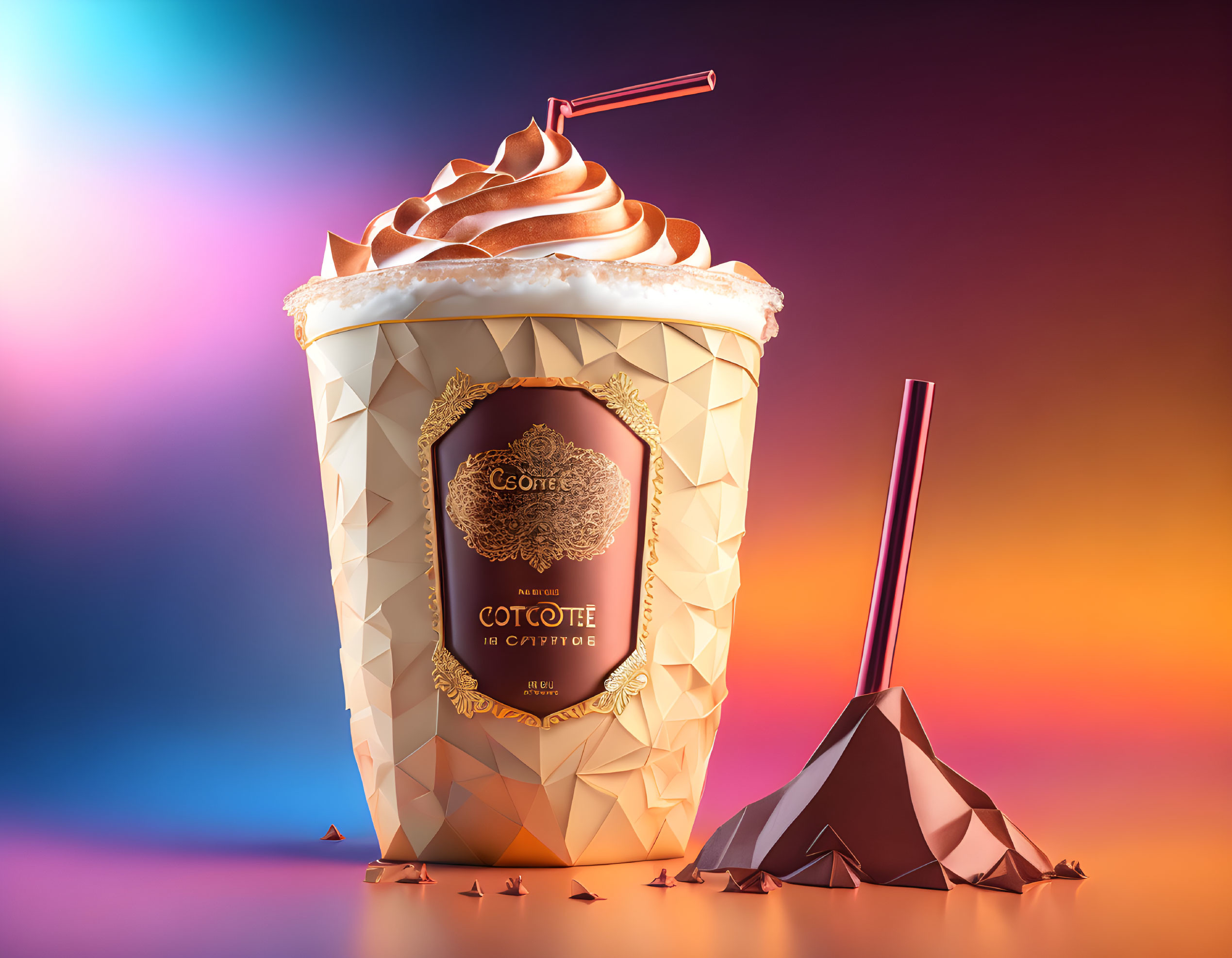 Golden whipped coffee with chocolate straw and mountain on vibrant background