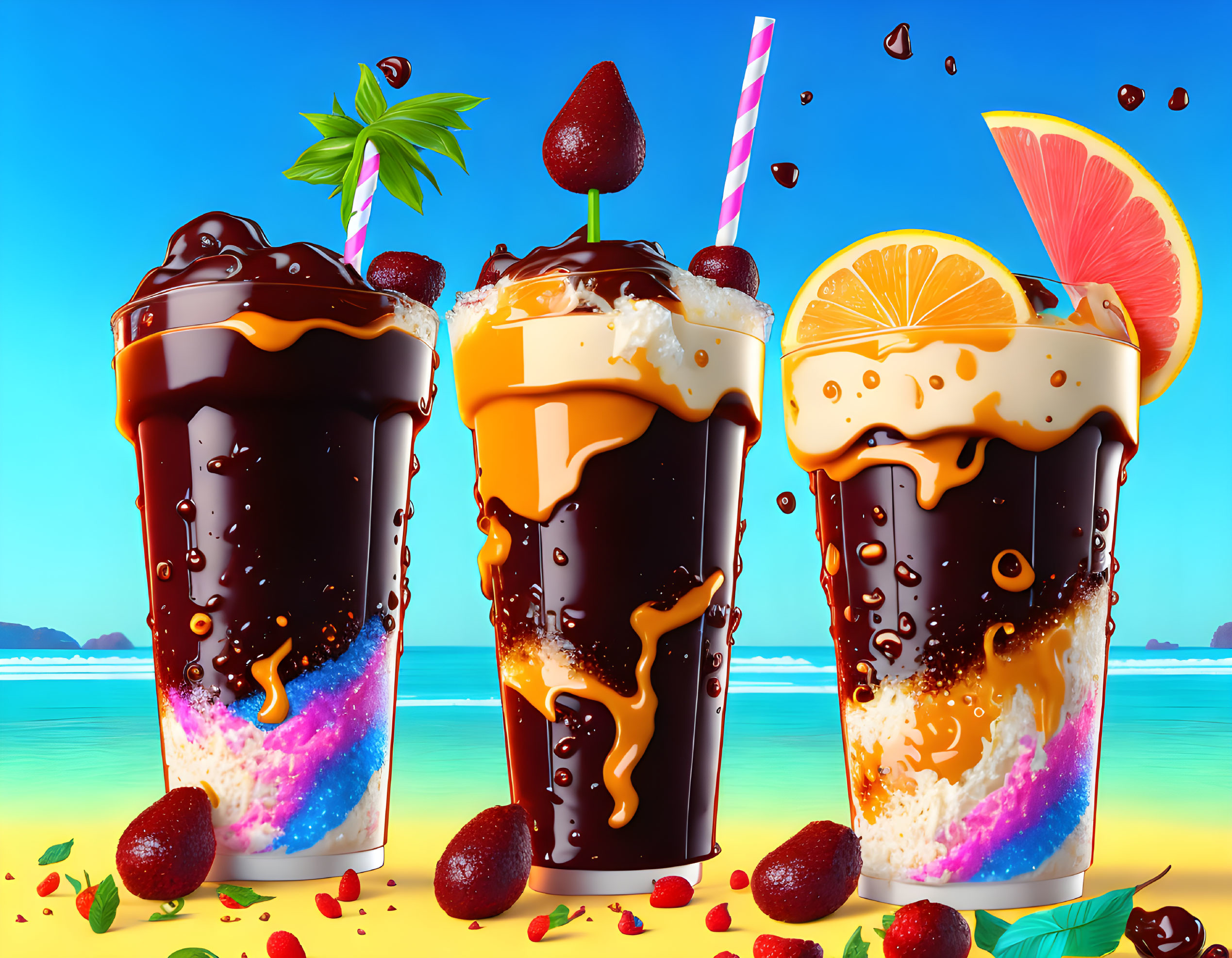 Vibrant milkshakes with whipped cream, fruit toppings, and mint leaves on beach background