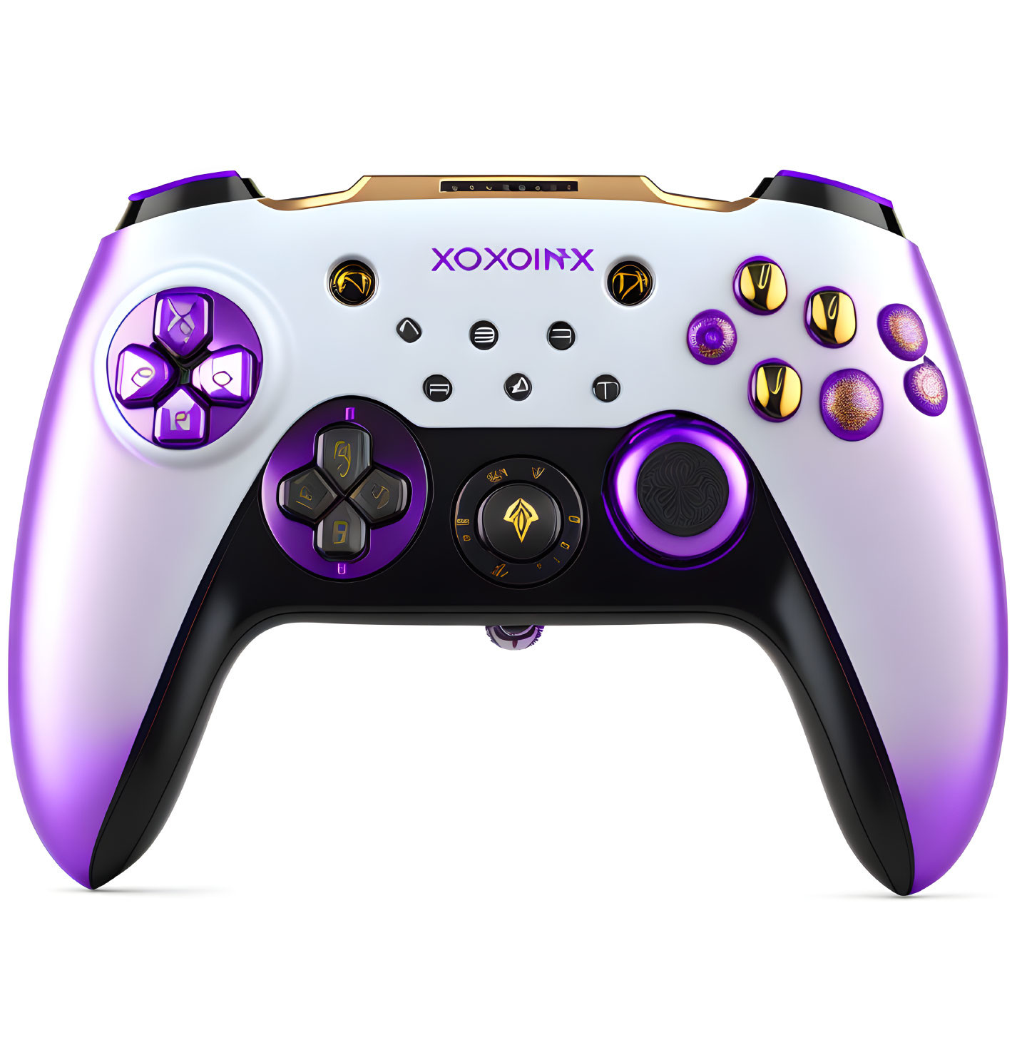 White and Purple Gaming Controller with Golden Accents and Buttons