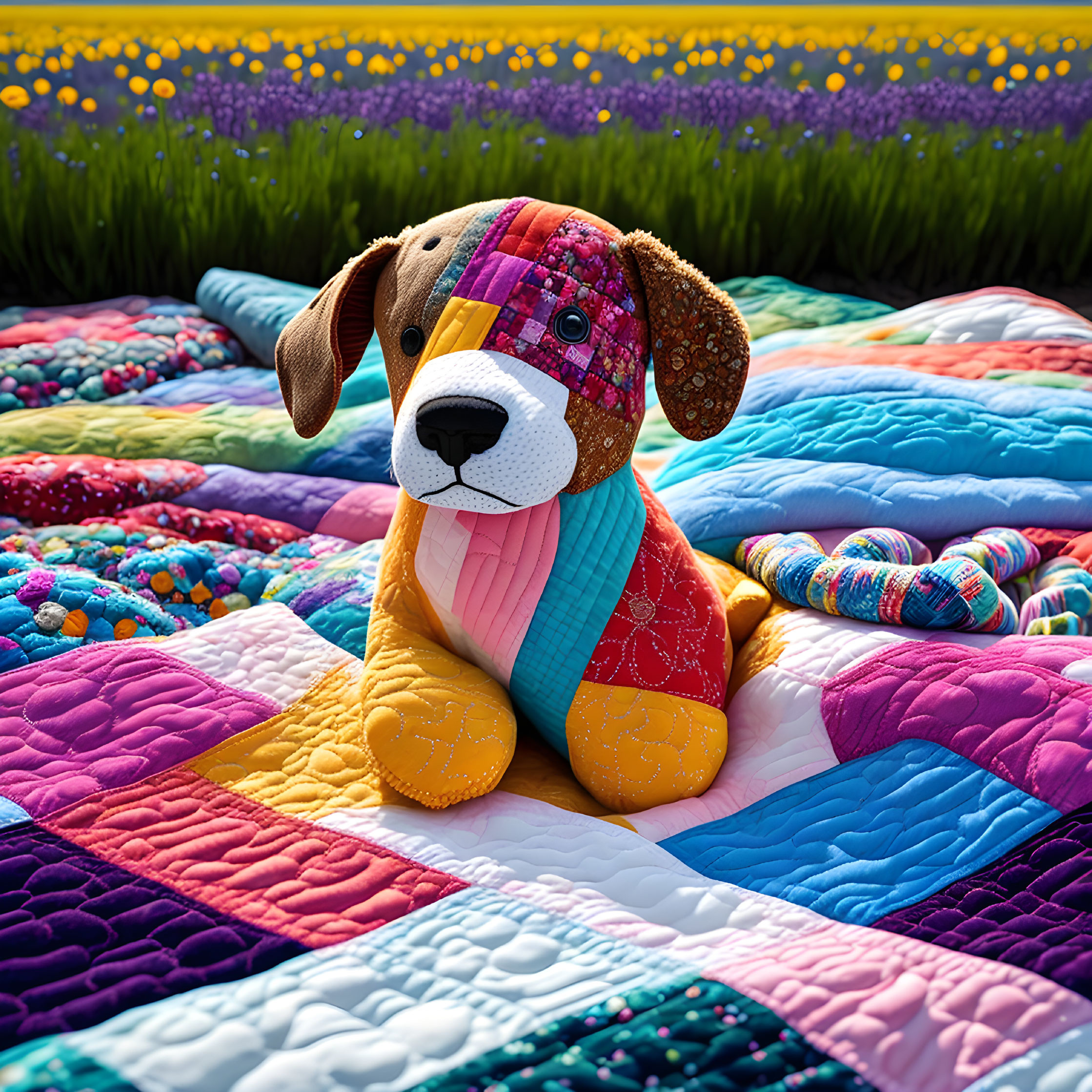 Colorful Patchwork Stuffed Toy Dog on Vibrant Quilt Among Flowers