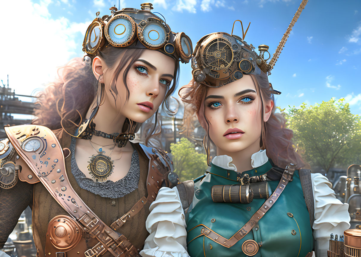 Two women in steampunk attire with cogwheel headpieces in a fantastical cityscape