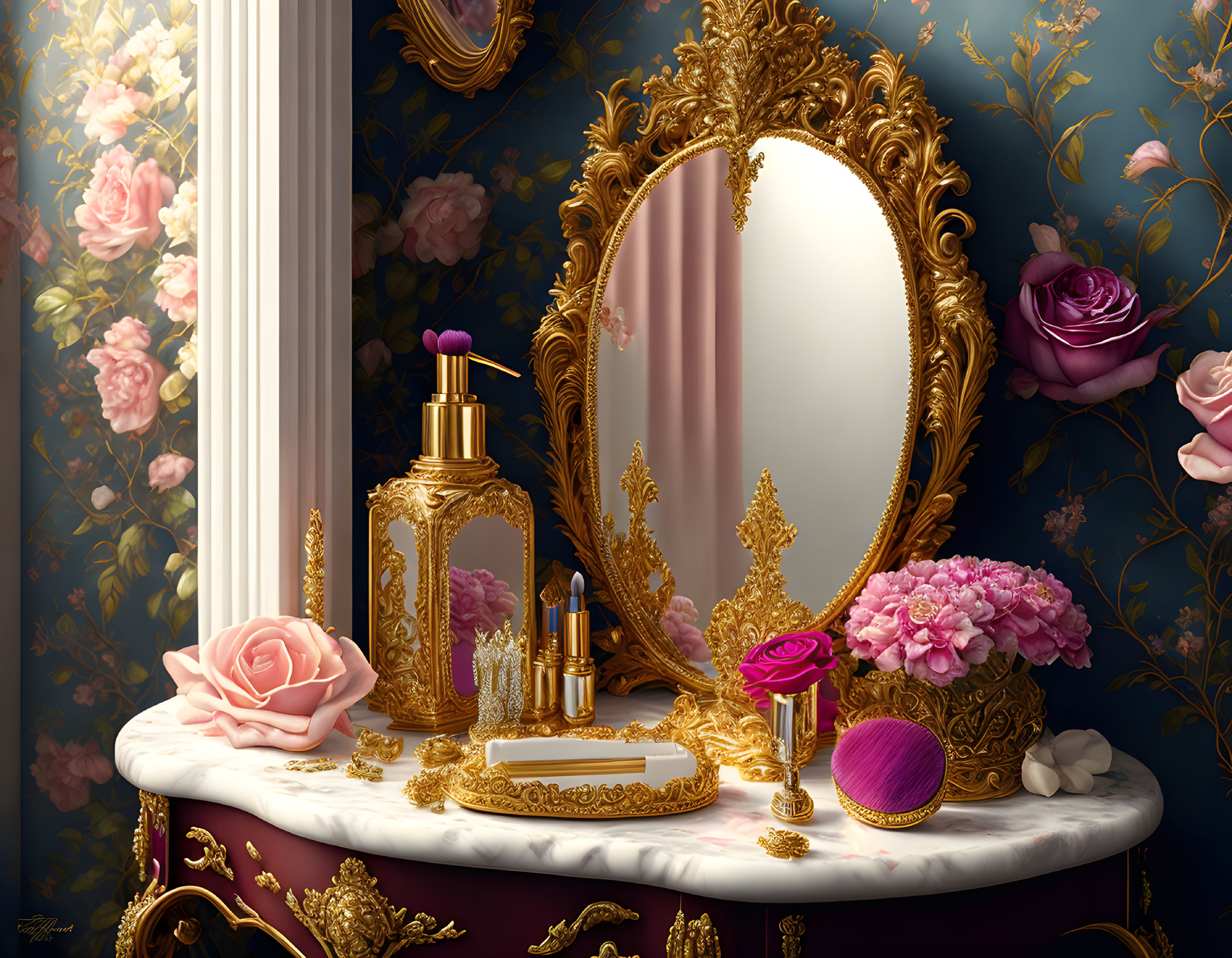 Luxurious golden vanity set with perfumes and cosmetics on marble tabletop