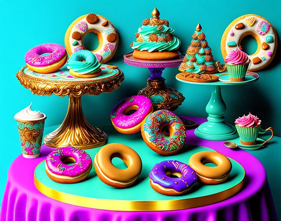 Assorted colorful desserts on decorative stands against teal backdrop