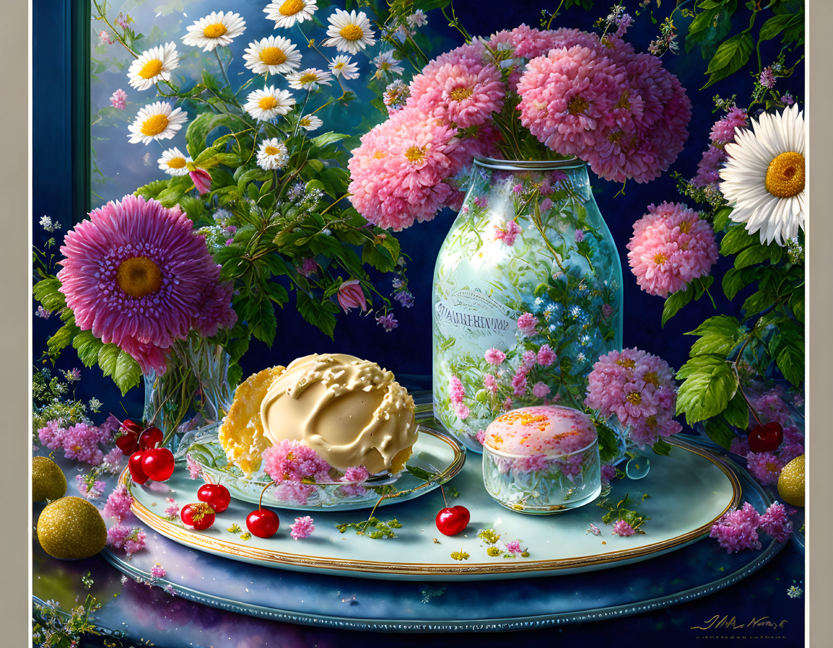 Colorful Flowers, Vase, Cake, Cherries, and Ornaments in Vibrant Still Life