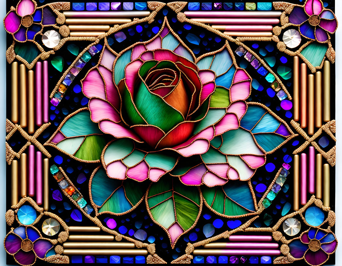 Colorful Stained Glass Window with Blooming Rose Design