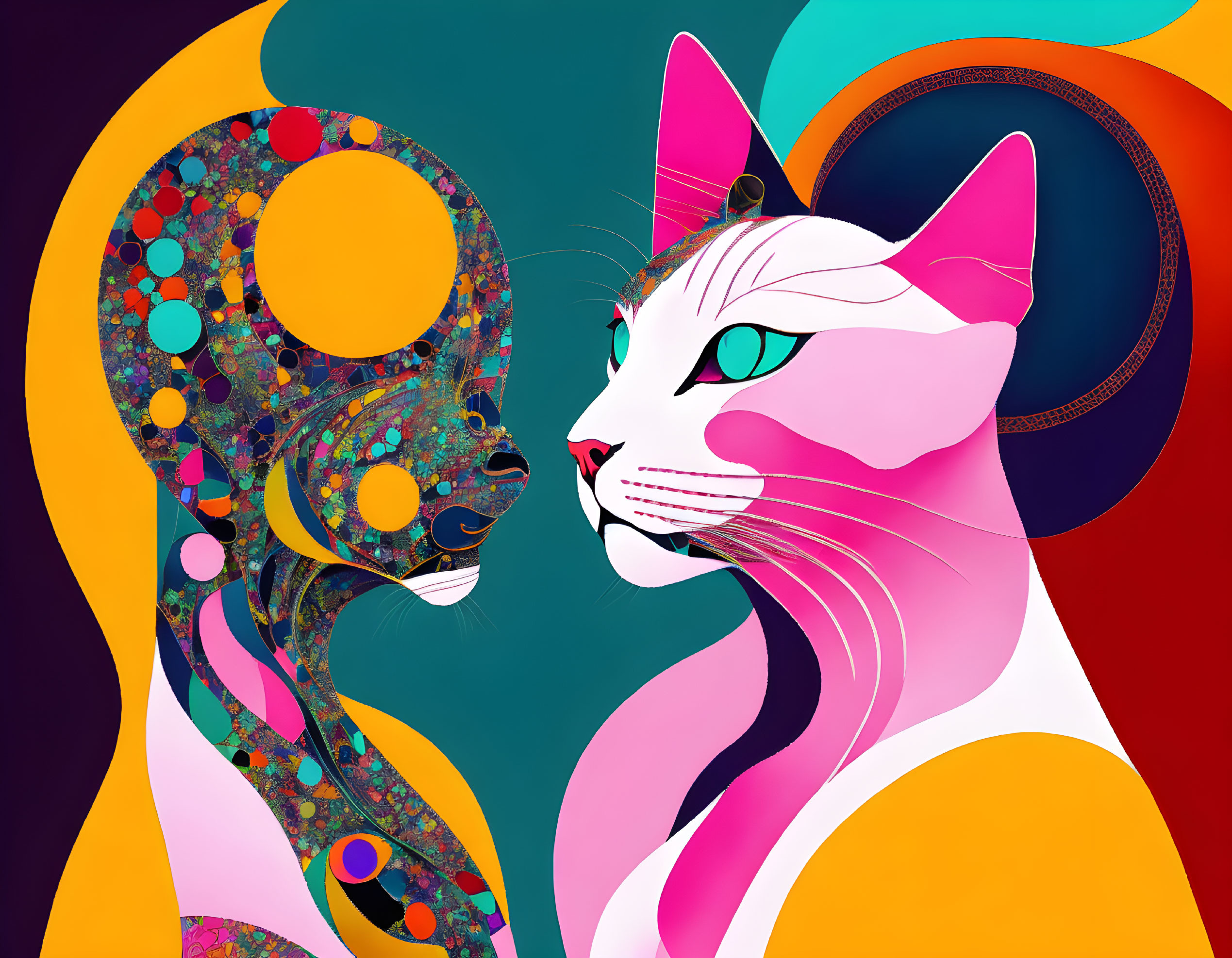 Vibrant digital art: two cats in cosmic and striped patterns