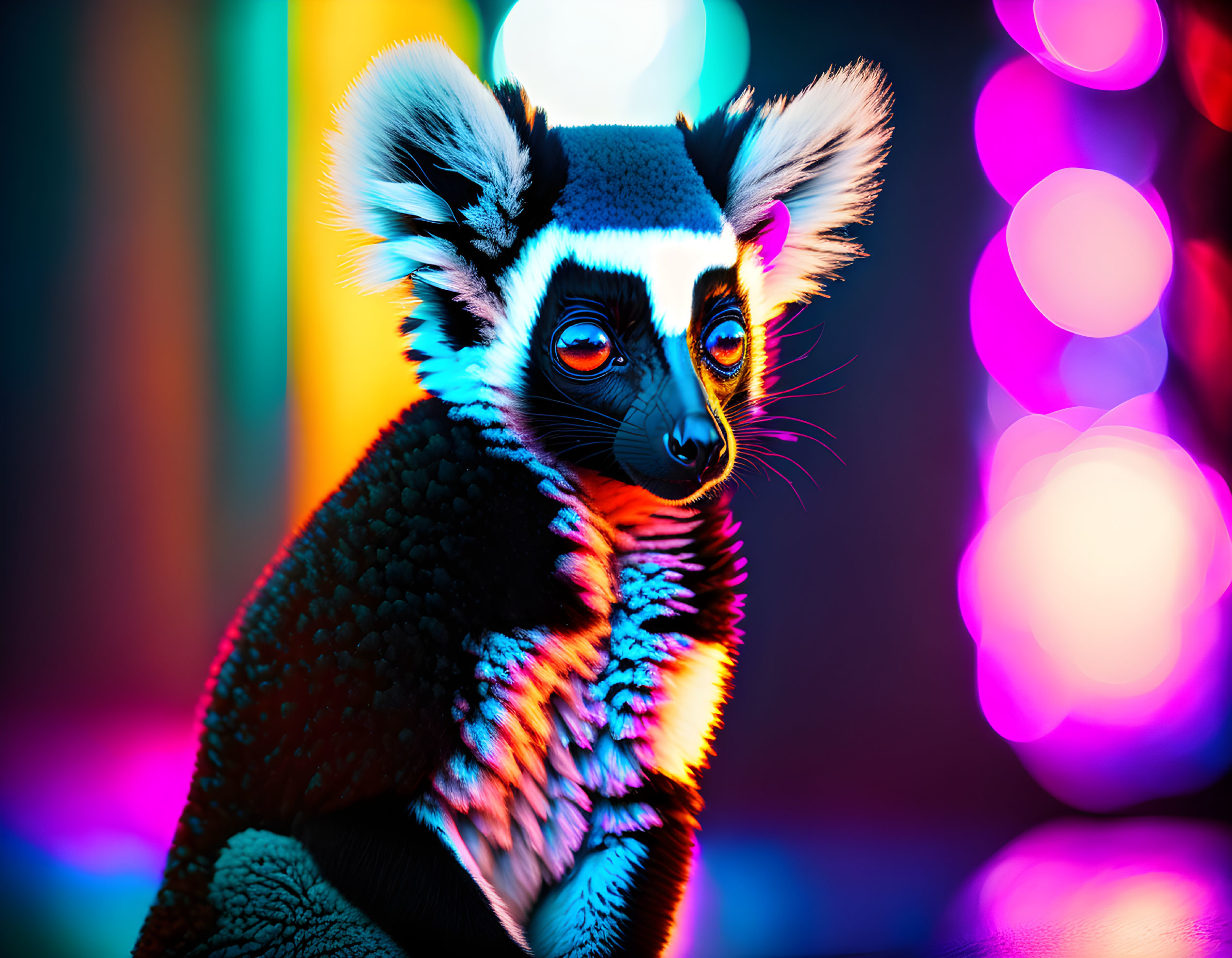 Lemur with striking black and white fur against vibrant bokeh lights