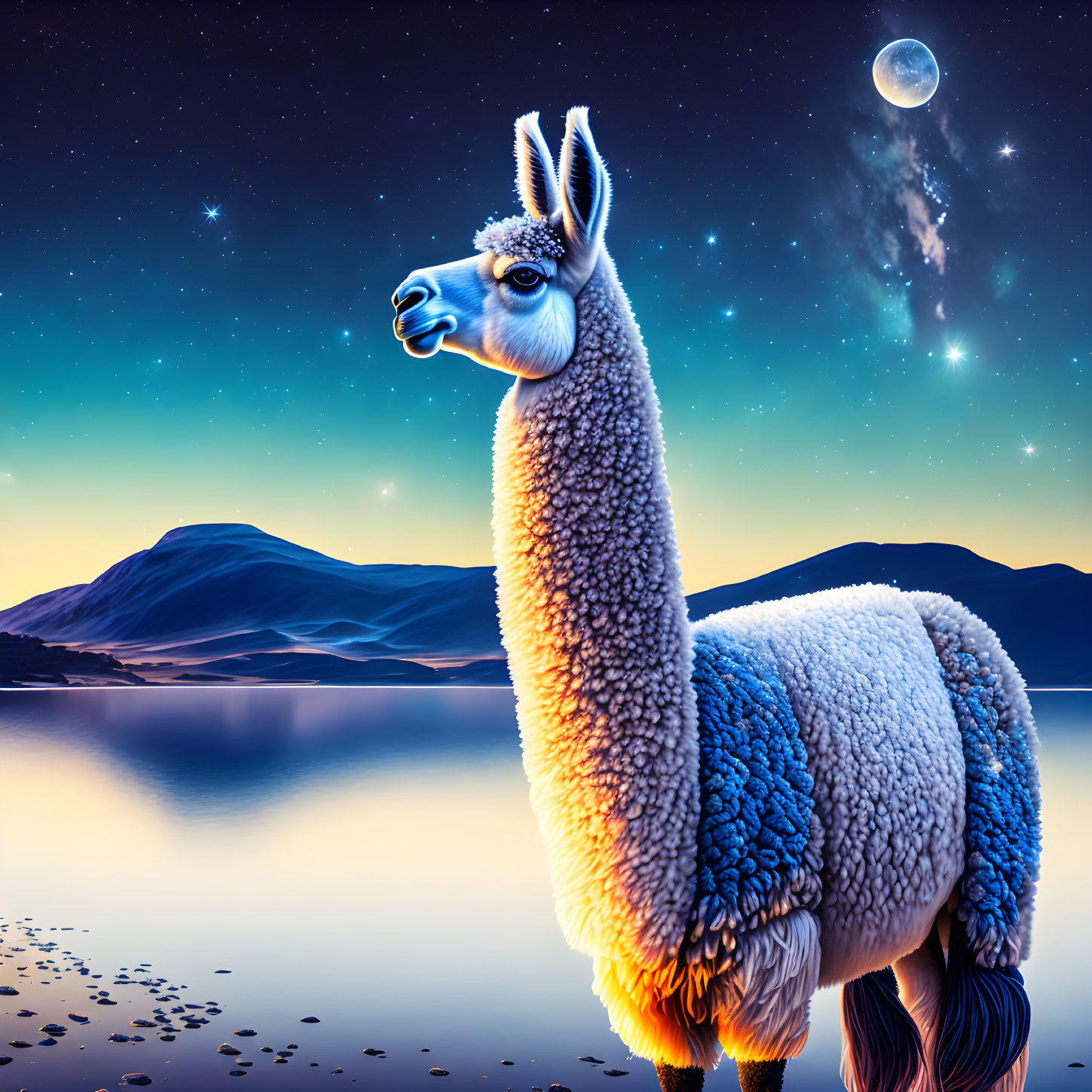 Illustrated llama by tranquil lake at dusk with crescent moon.