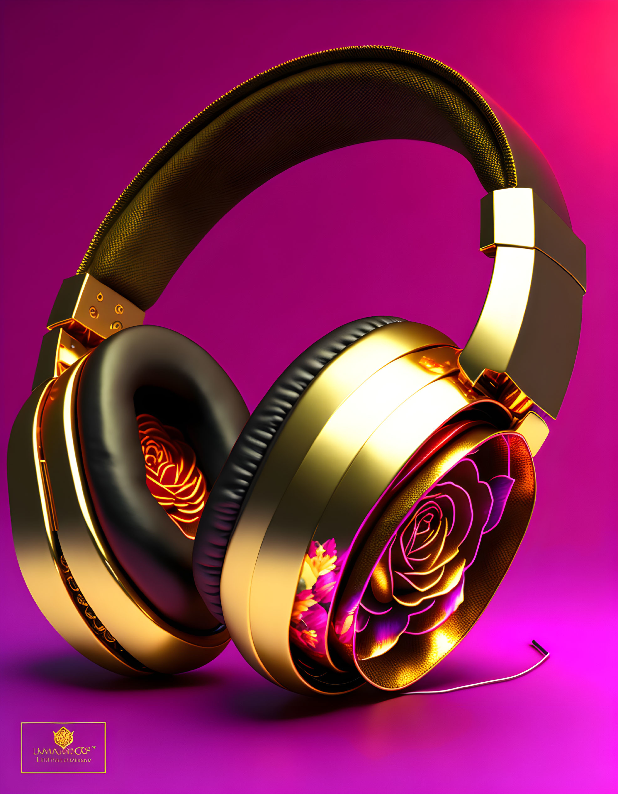 Gold-Black Headphones with Rose Designs on Purple Background