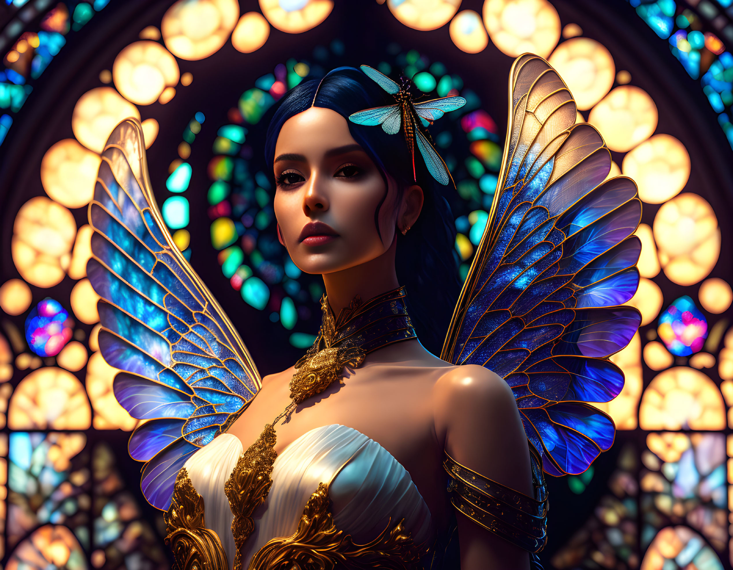 Digital artwork of a woman with butterfly wings and dragonfly in ornate attire.