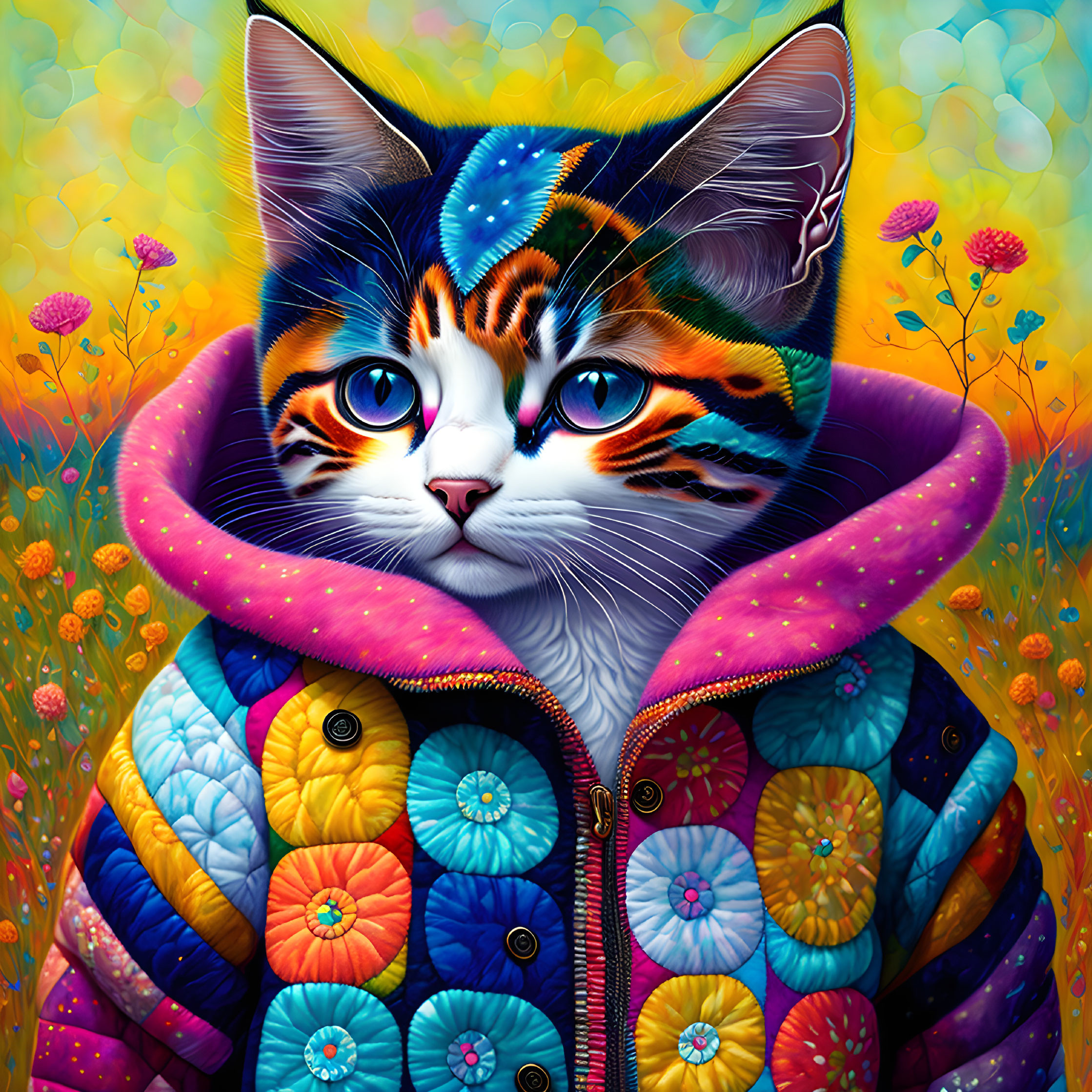 Colorful Cat in Patterned Face Snuggled in Puffy Jacket