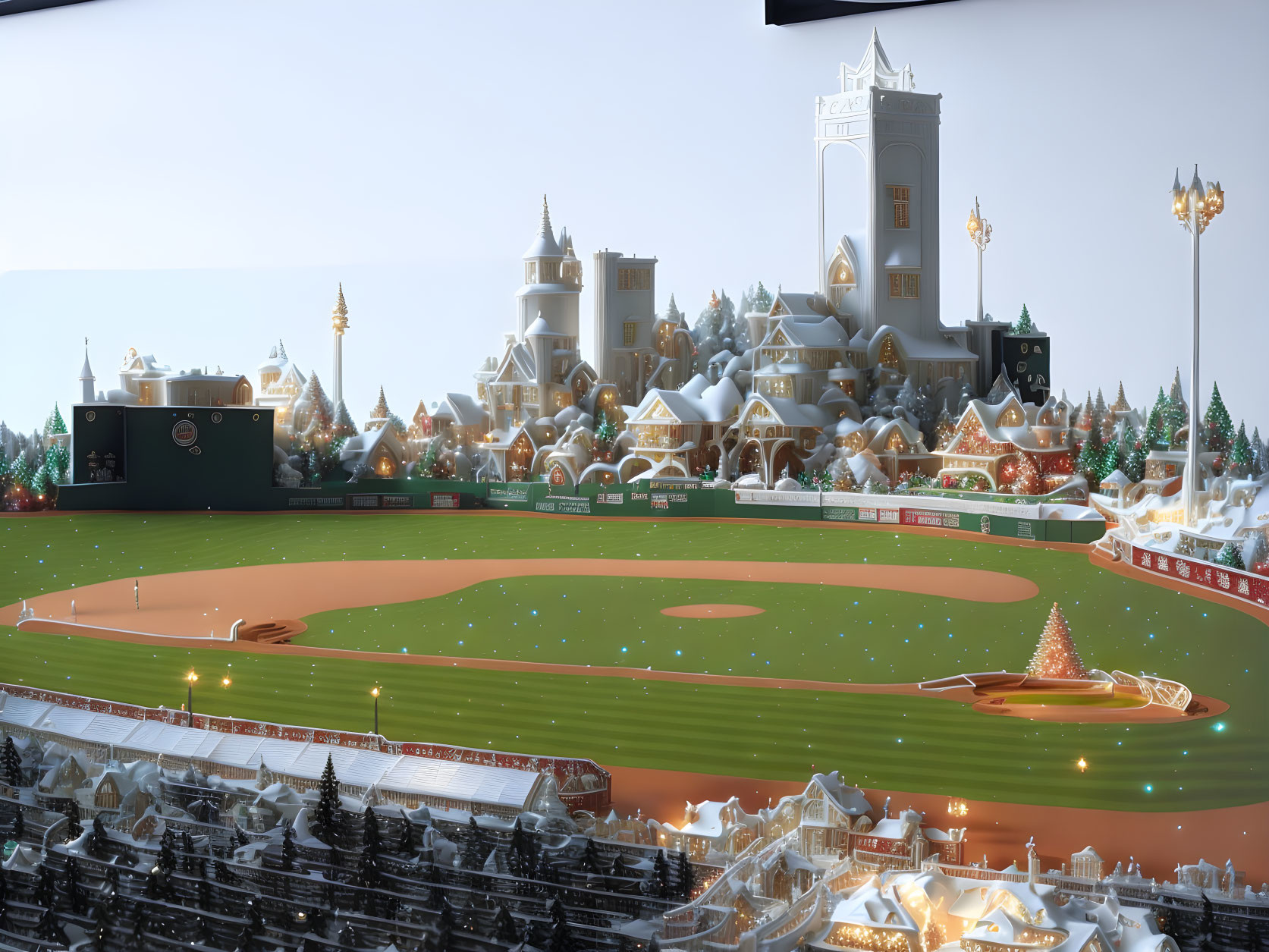 Miniature Snow Village with Castle, Houses, and Baseball Field