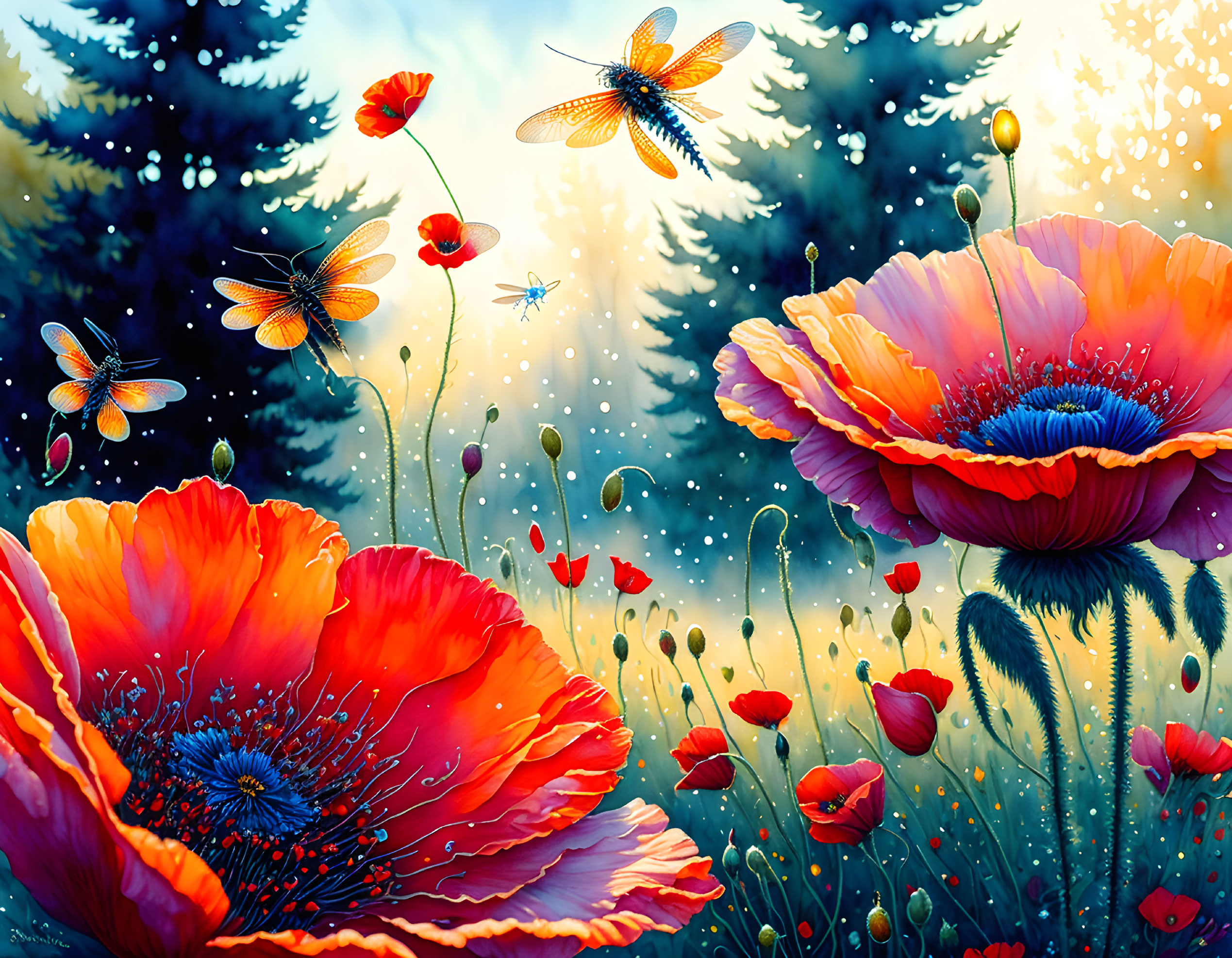 Luminous field with red poppies and dragonflies in digital art