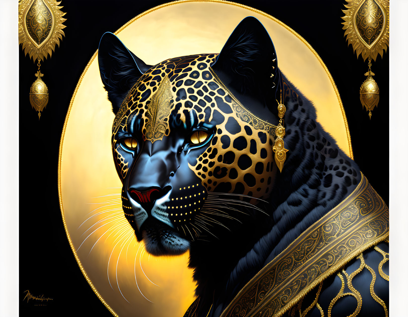 Stylized black leopard illustration with golden patterns and jewelry on dark background